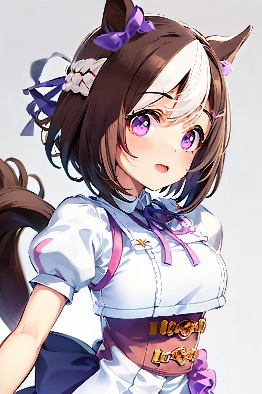 special_week_\(Umamusume)、bow ribbon、bow ribbon、bow ribbon、corsets、Fluffy breasts、nursing、toppless、teats、The upper part of the body、(Refers to the viewer:1.3)、Happiness、(White background:1.5)、(front-facing view:1.3)