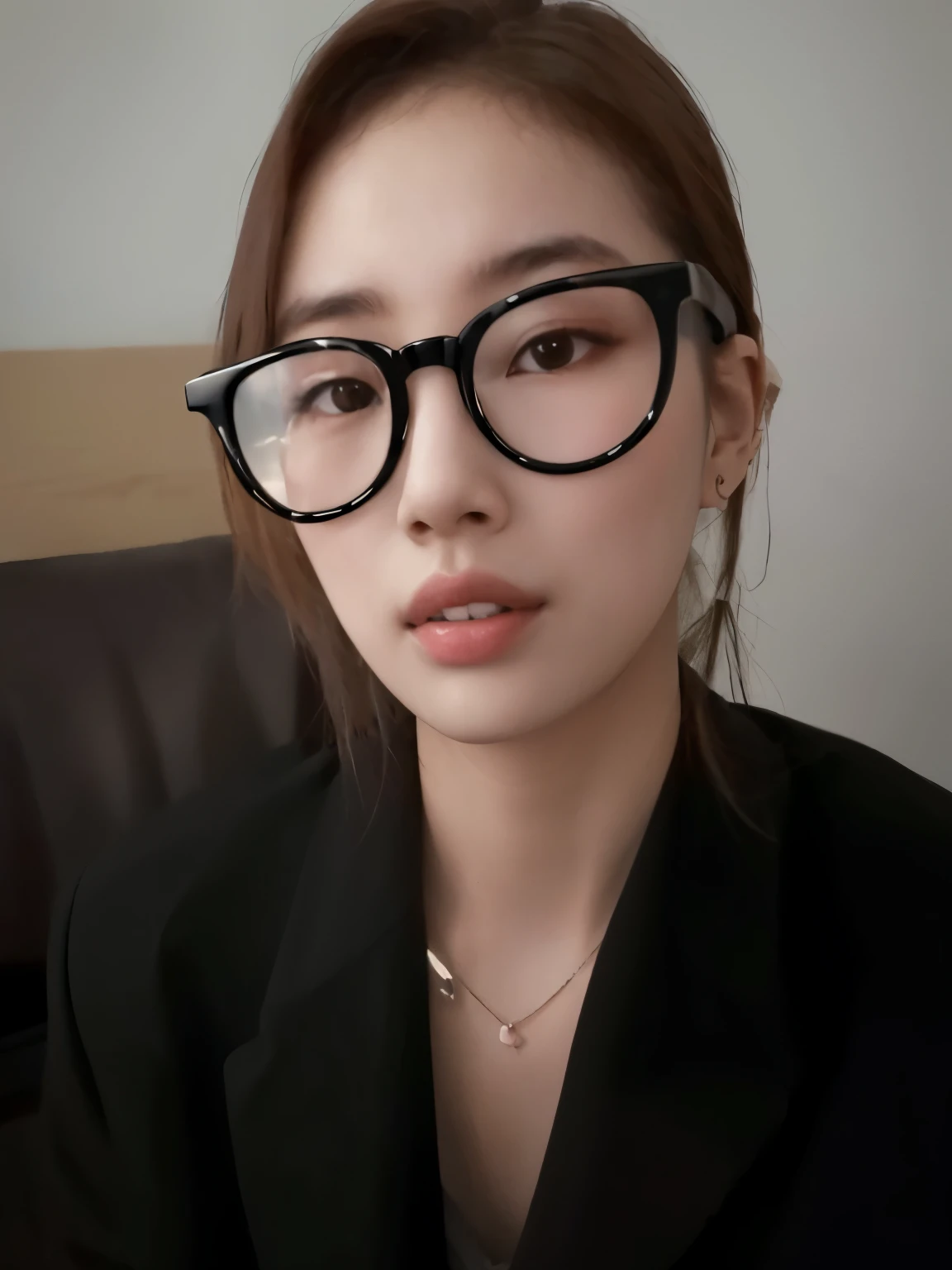 there is a woman usando lentes sitting on a chair, con gafas, usar gafas redondas grandes y delgadas, con gafas cuadradas, con gafas on, con lentes negros, usando lentes, Usando gafas cuadradas, gafas gruesas, retrato de jossi de blackpink, usar gafas de montura negra, heonhwa choe, hermosa joven coreana, usando lentes negros, wearing small round glasses
