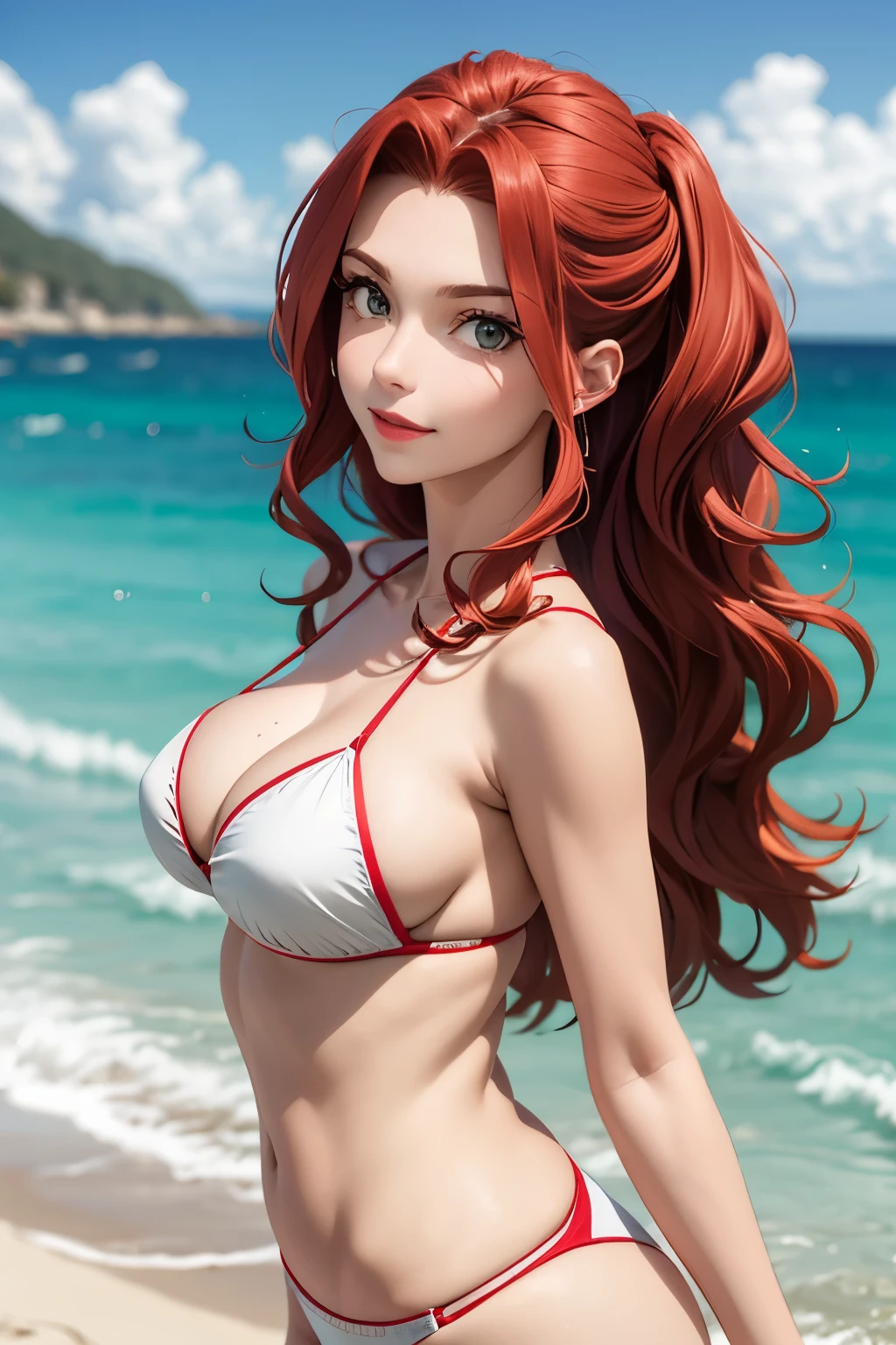 beautiful woman 24 years old light skin wavy red hair updo, ojos verdes brillantes pechos grandes bien formados. sonrisa malvada, bikini naranjo pose sexy fondo playa solitaria gotas de agua e sus pechos crema en sus pechos