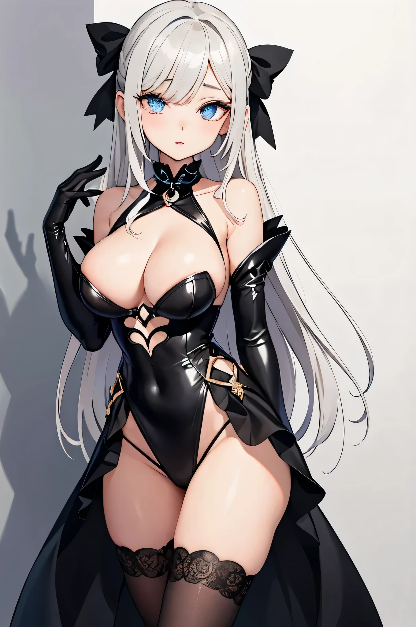 1girl, anime, cute girl, blank background, white background, fantasy, detailed dark fantasy dress with highlights, beautiful face, beautiful eyes, dark colors, silver hair, slight medium breasts, slight cleavage, beautiful skin, cute, breast curtains, extremely delicate and beautiful, (beautiful detailed face:1.0), (detailed deep eyes), symmetrical breasts, deep eyes, shiny skin, portrait, slender waist, hips wider than shoulders, thighs, expressionless, young girl, luminous eyes, adorable，（Kpop idol）,（aegyo sal：1），（Platinum blonde hair：1），（（puffy eye）），Black panty，sexy posture，Superskirt, 超高分辨率，Black collar，slim figure,