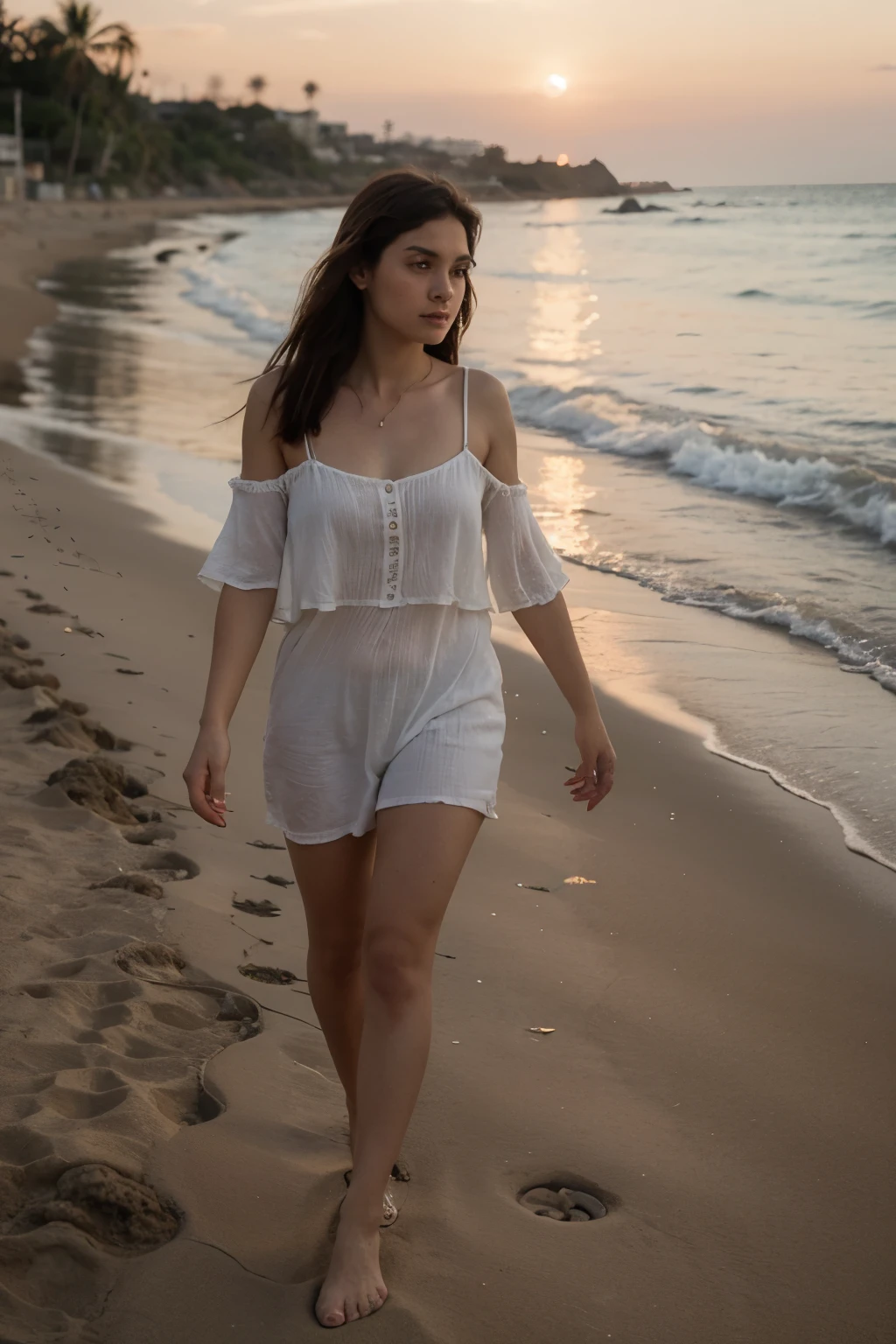 ((Mejor calidad)), ((obra maestra)), (detallado), cara perfecta mujer caminando en la playa en el fondo el atardecer y hermosas luces que iluminan su camino