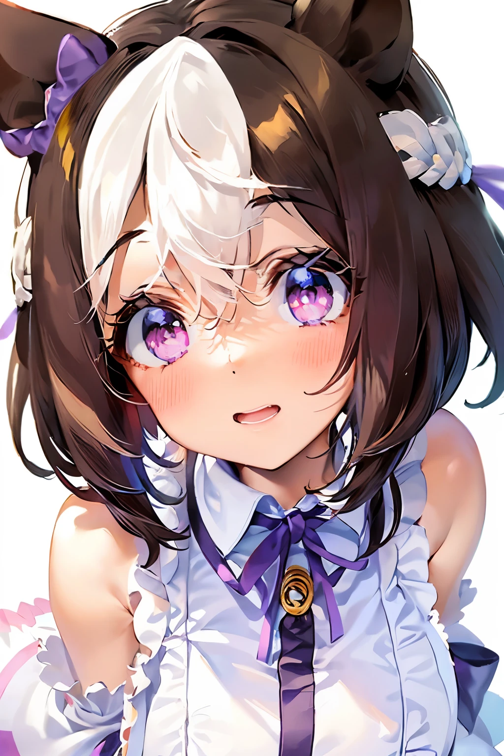 special_week_\(Umamusume)、bow ribbon、bow ribbon、bow ribbon、corsets、Fluffy breasts、nursing、toppless、teats、The upper part of the body、(Refers to the viewer:1.3)、Happiness、(White background:1.5)、(front-facing view:1.3)