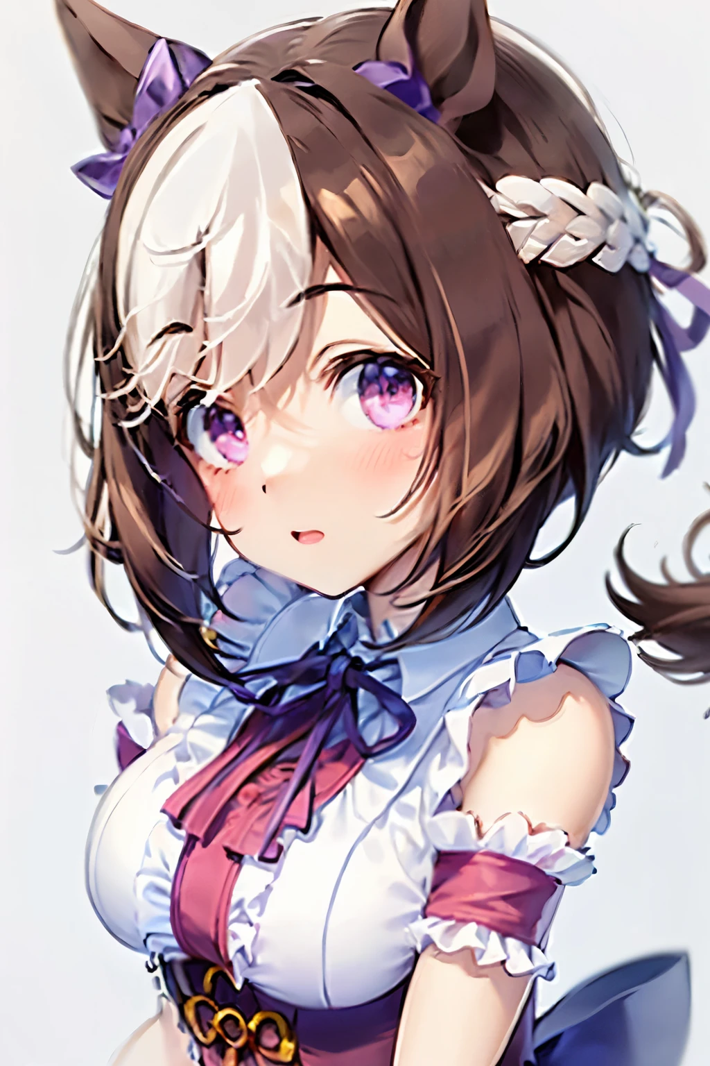 special_week_\(Umamusume)、bow ribbon、bow ribbon、bow ribbon、corsets、Fluffy breasts、nursing、toppless、teats、The upper part of the body、(Refers to the viewer:1.3)、Happiness、(White background:1.5)、(front-facing view:1.3)