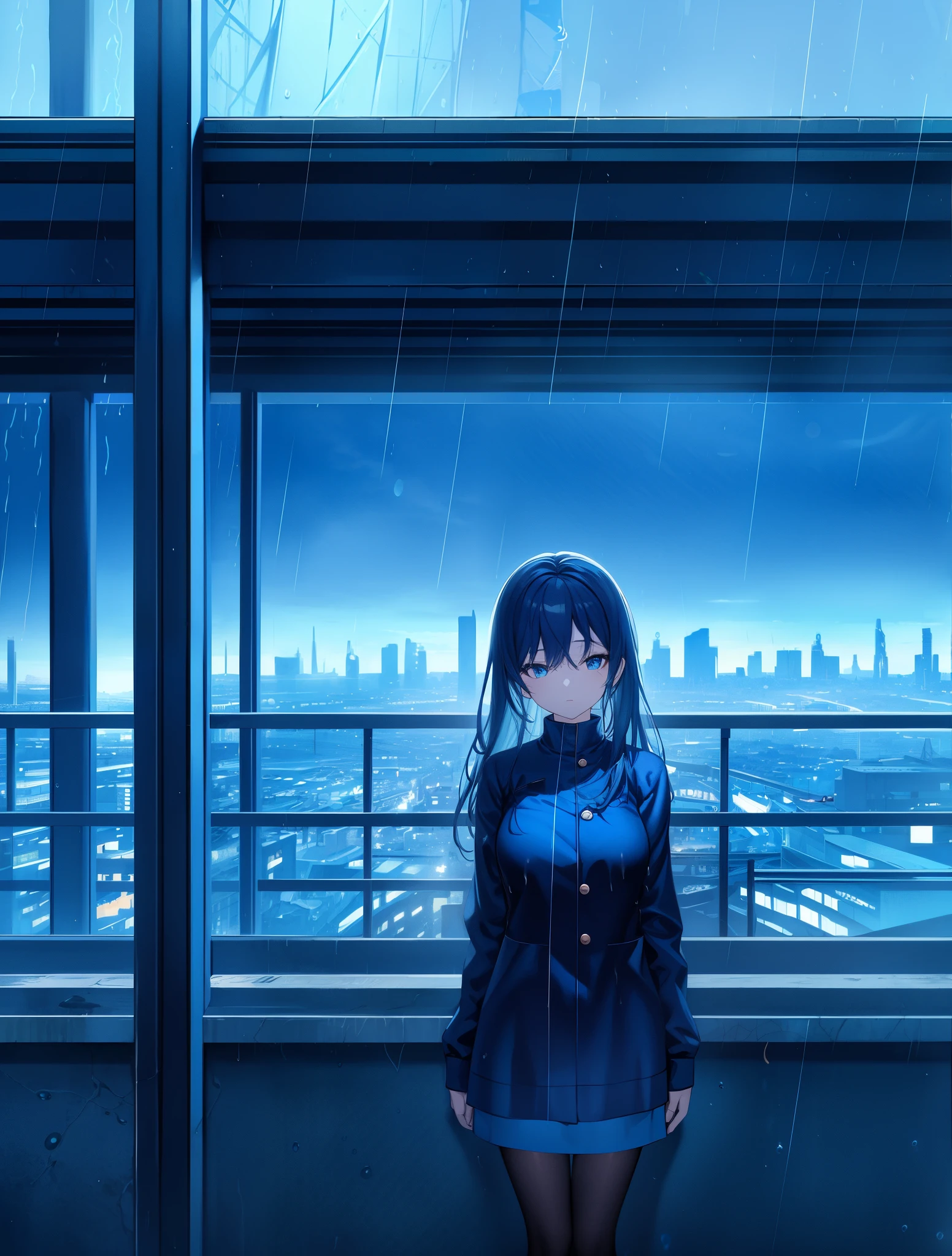 phblue, scenery, no humans, landscape, (masterpiece,best quality:1.4), blue theme, city, dusk, 1girl, rain,cowboy shot, close up,