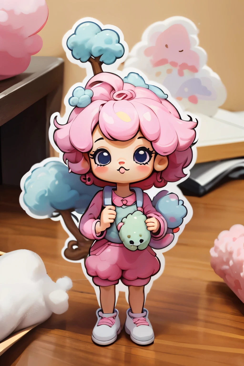 a sticker，many character, little dog，Toy poodle, cotton candy, simple backgound，Cartoon Cute，funny style, chibi style, high detailed, highest quality, masterpiece, 