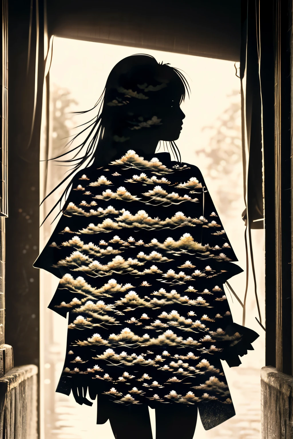 Japanese print style image, best quality, incredibly absurdres, extremely detailed, delicate texture, beautiful sad woman taking shelter from the rain under the eaves