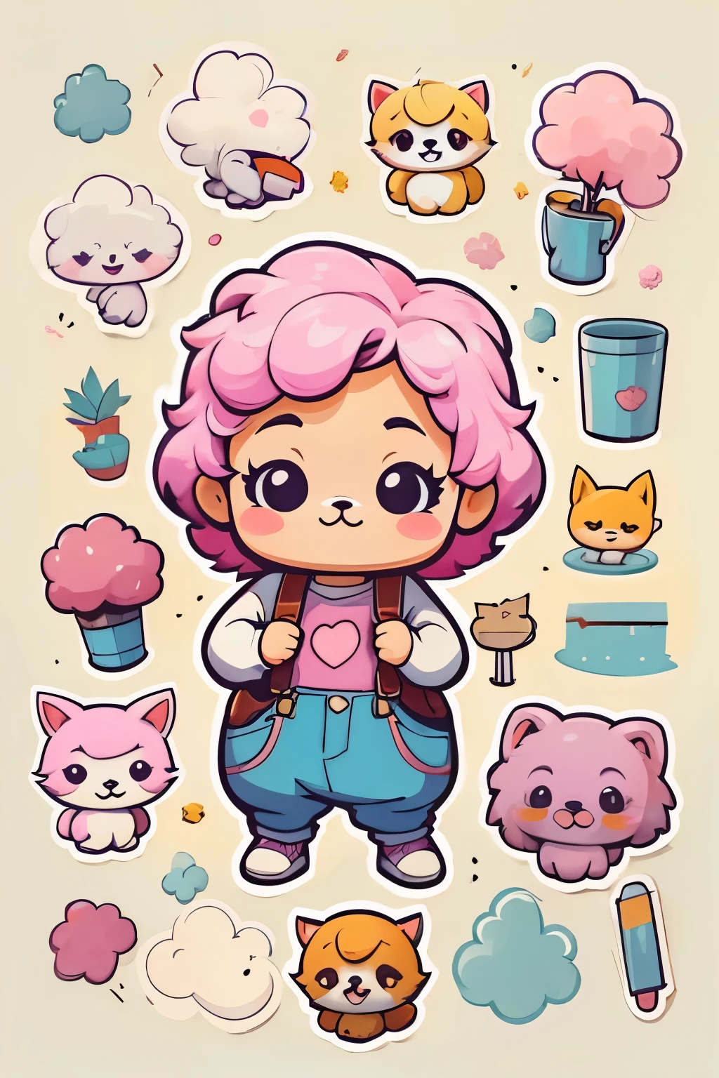 a sticker,many character, little dog, Maltese, cotton candy, simple backgound,Cartoon Cute,funny style, chibi style, high detailed, highest quality, masterpiece,