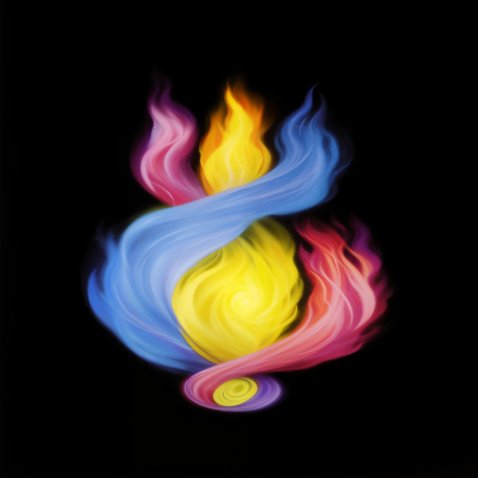 a painting of a colorful swirl of wool on a black background, plasticized spiral chamas, purple fire gives power to spinning fire, swirling chamas, holy fire spell art, chama vortex, fogo colorido, holy chama spell, Flaming Heart, fire gives power to spinning fire, multiple chamas, chama colors bright, magic chamas, chamas around body, amazing fire art, chama