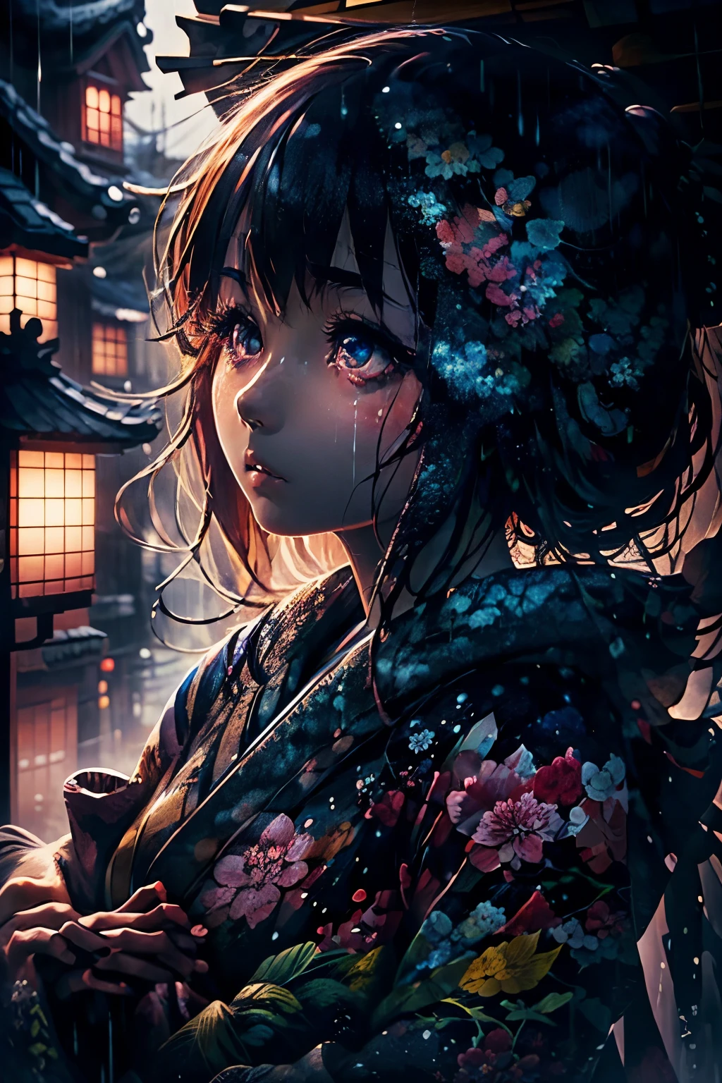 Japanese print style image, best quality, incredibly absurdres, extremely detailed, delicate texture, beautiful sad woman taking shelter from the rain under the eaves