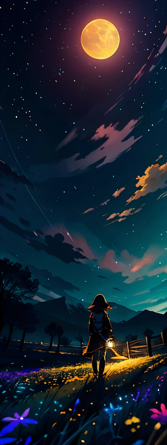 Expansive Landscape Photography , (una vista desde abajo que muestra el cielo arriba y el campo abierto debajo), A girl standing in the flower field looking up, (Luna llena:1.2), ( estrellas fugaces:0.9), (Nebulosa:1.3), distant mountain, tree BREAK production art, (warm light source:1.2), (Firefly:1.2), lamp, mucho morado y naranja, detalles intrincados, Volumetric Lighting BREAK
(obra maestra:1.2), (Mejor calidad), 4k, ultra detallado, (dynamic composition:1.4), muy detallado, detalles coloridos,( colores iridiscentes:1.2), (Bright lighting, atmospheric lighting), Dreamer, magical, (Solo:1.2)