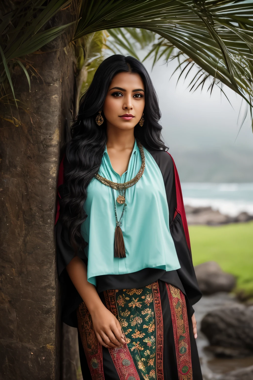 In the heart of Honolulu, Hawaii, under the ominous sky of a stormy day, a woman from Yemen poses before the majestic 63 Kaumakapili Church. Dressed in traditional attire, the rich fabric of her clothes blends seamlessly with the earthy tones of the image: black, brown, and hints of light aqua and white. Her untamed curls, framed by red trim, cascade down her back, adding a sense of wild beauty to the scene.
This high resolution photograph, with its dark oil painting feel, boasts ultra high definition and 12k precision. The natural lighting captures every nuance of the woman