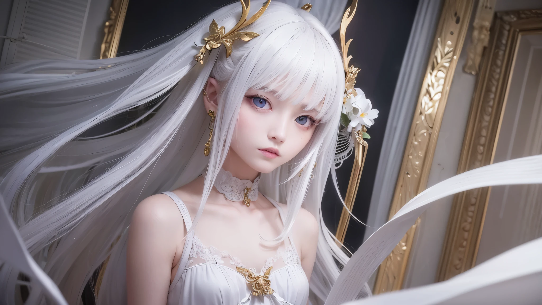 highest quality、masterpiece、white hair、gold eyes、white clothes、look up、Upper body、hair、Fair skin、side braids
