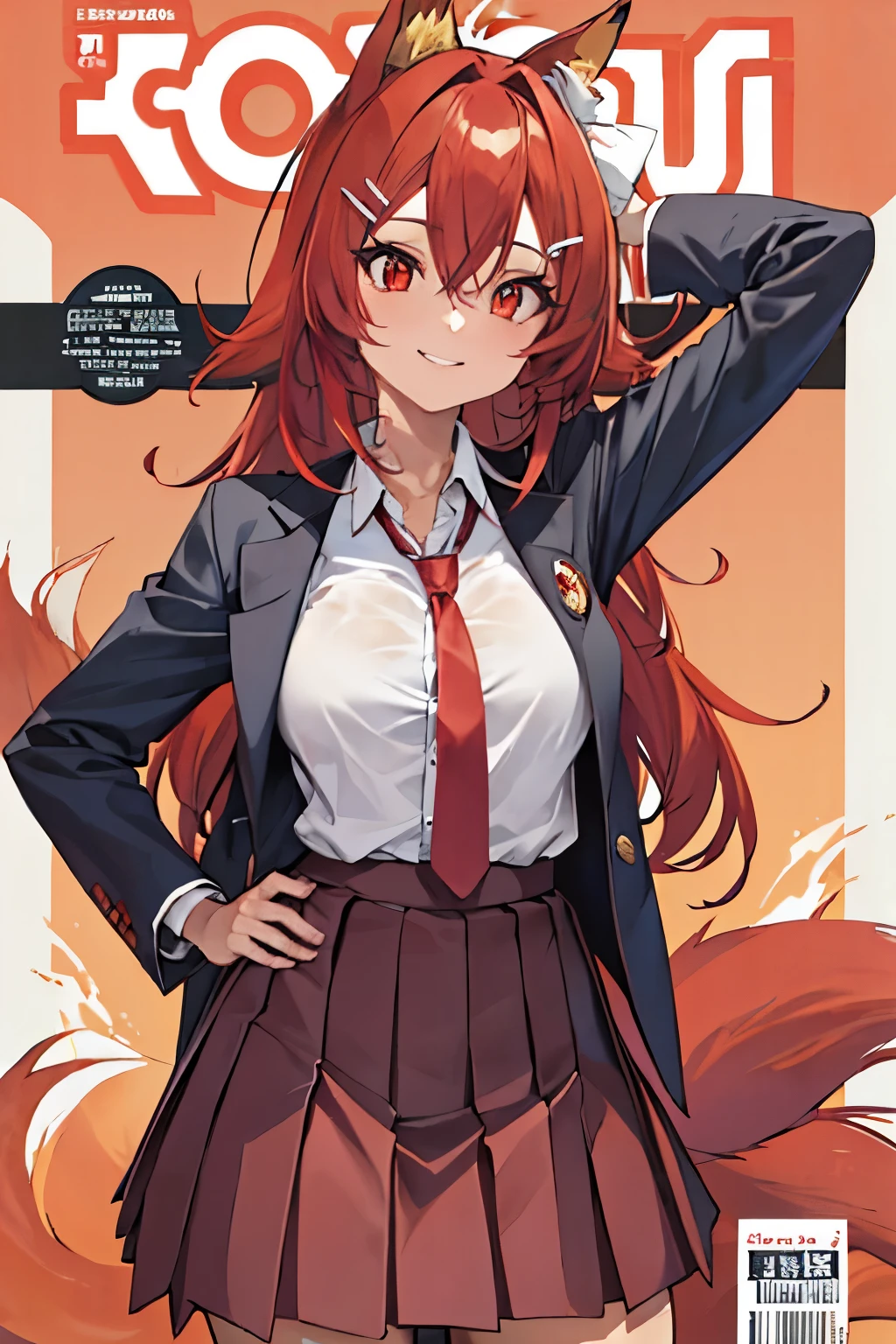 Firefox-Skollie, red eyes, fox girl, multiple tails, multicolored hair, 1girl, hairclip, solo, light smile, small breasts, looking at viewer, 
school uniform, pleated skirt, necktie, open jacket, magazine cover, simple background, 
(masterpiece:1.1), (best quality:1.1), (ultra-detailed:1.1), (illustration:1.1),