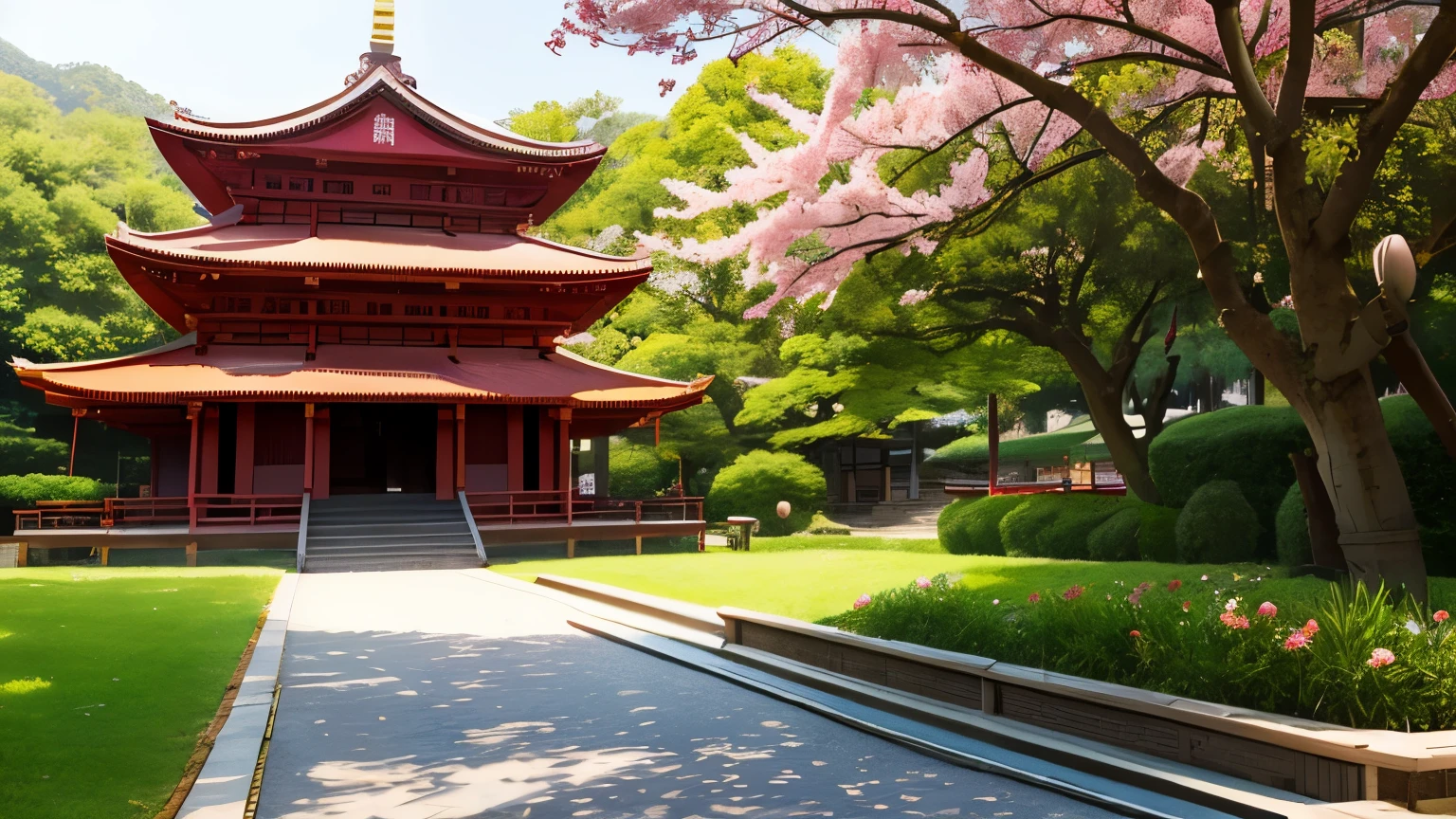 Beautiful temple scene, Image of beautiful Asian pagoda bamboo bushes in spring, spring, cherry blossoms, 16:9 ratio image,  main color is red, [[ temple goers ]], Old men and women go to temples and worship Buddha
