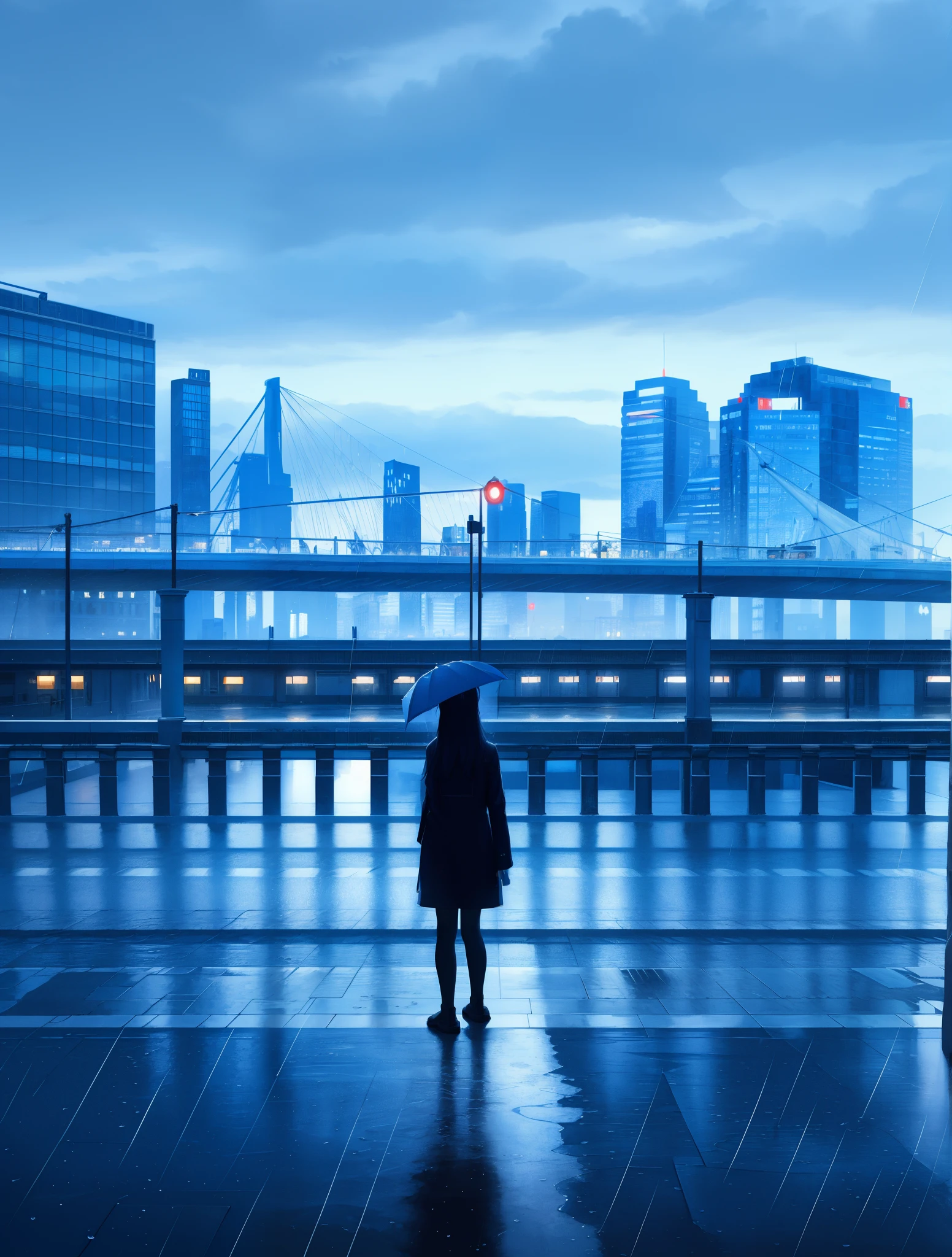 phblue, scenery, no humans, landscape, (masterpiece,best quality:1.4), blue theme, city, dusk, 1girl, rain,cowboy shot, close up,