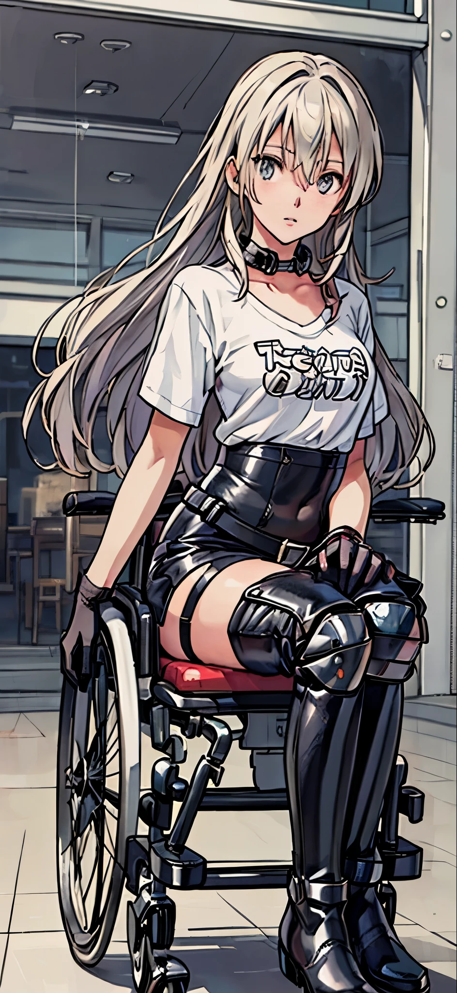 (highest quality,4K,8K,High resolution,table top:1.2), Super detailed, (realistic,photorealistic,photo-realistic:1.37), ((full body)),sickly beautiful girl, sad,I was surprised,((gray hair color)),((long hair)), ((riding a wheelchair)),((row a wheelchair)),((hair above the eyes)),((t-shirt)),((shorts)),((wear black open finger gloves)),((black lace-up long boots)),((knee pads)),((braces in legs)),espadrilles,beautiful and detailed eyes, beautiful detailed lips, highly detailed eyes and face, long eyelashes, realistic anime 3D style, Smooth anime CG art, Digital rendering by Makoto Shinkai, Moe anime art style, photorealistic rendering of an anime girl, Shinkai Makoto style, Cute anime girl visuals, realistic young anime girl, girl fan art, Created by Anime Artist'studio of.