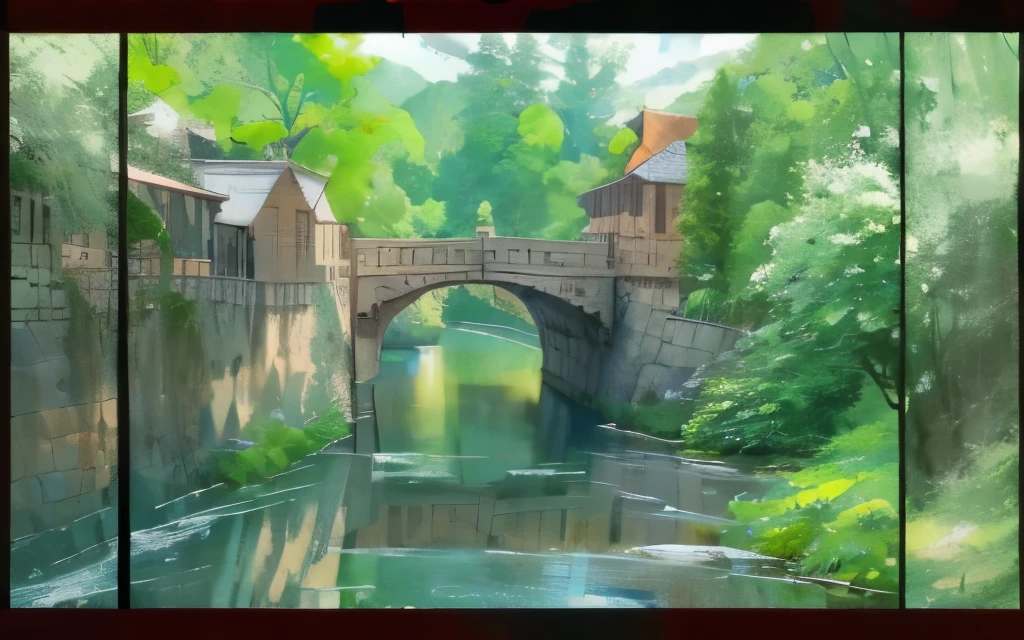 Alafed Bridge spans a river,There is a bridge in the middle, high quality,8k,footbridges between houses, flowing river,plant