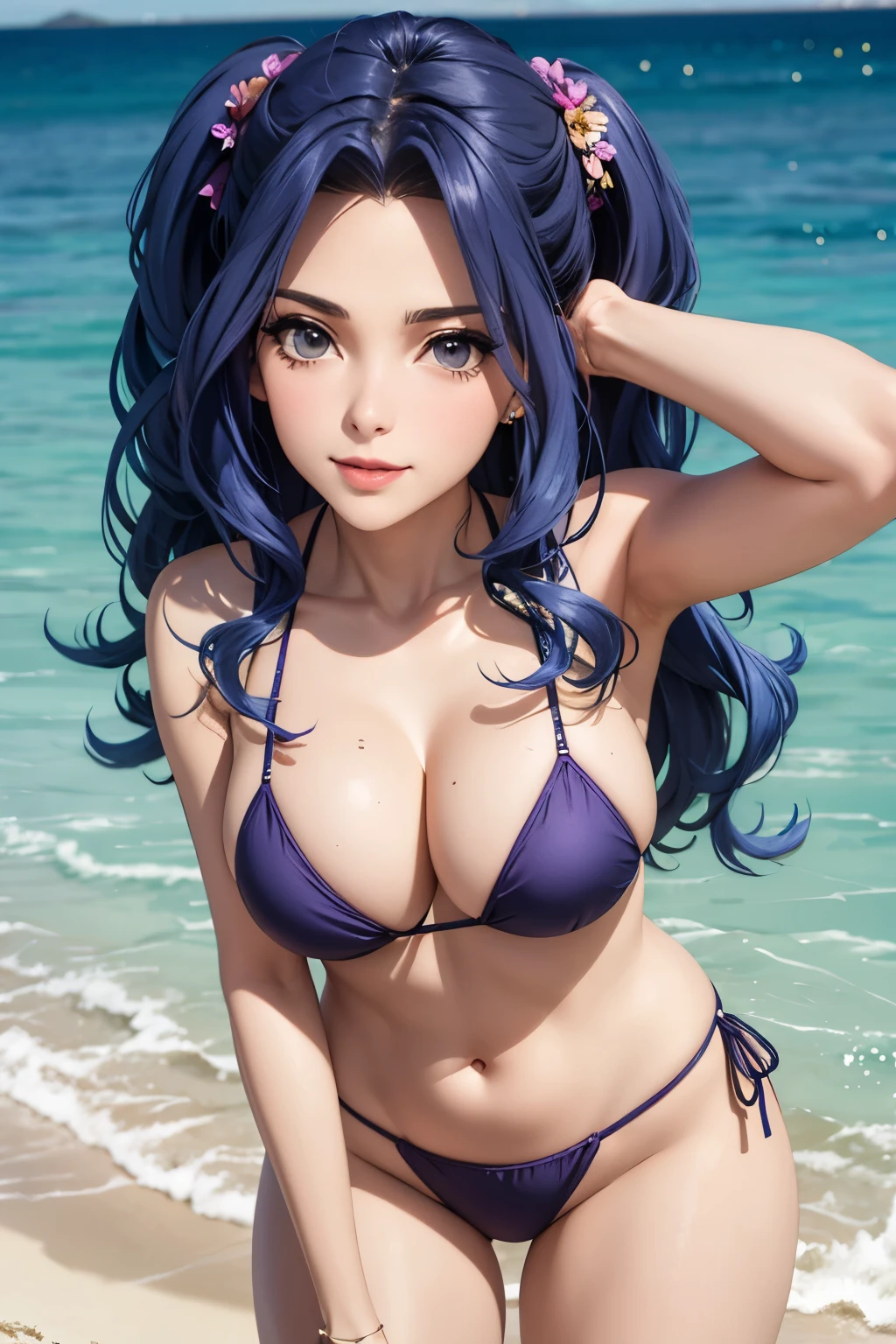 beautiful woman 22 years old light skin BLUE hair wavy updo, ojos violetas brillantes pechos grandes bien formados. sonrisa alegre, bikini naranjo pose sexy fondo playa solitaria gotas de agua e sus pechos crema en sus pechos