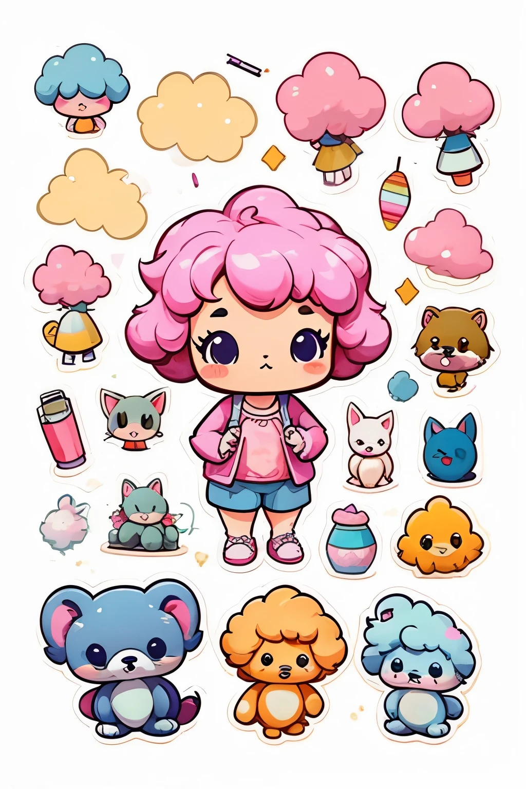 a sticker,many character, little dog,Toy poodle, cotton candy, simple backgound,Cartoon Cute,funny style, chibi style, high detailed, highest quality, masterpiece,
