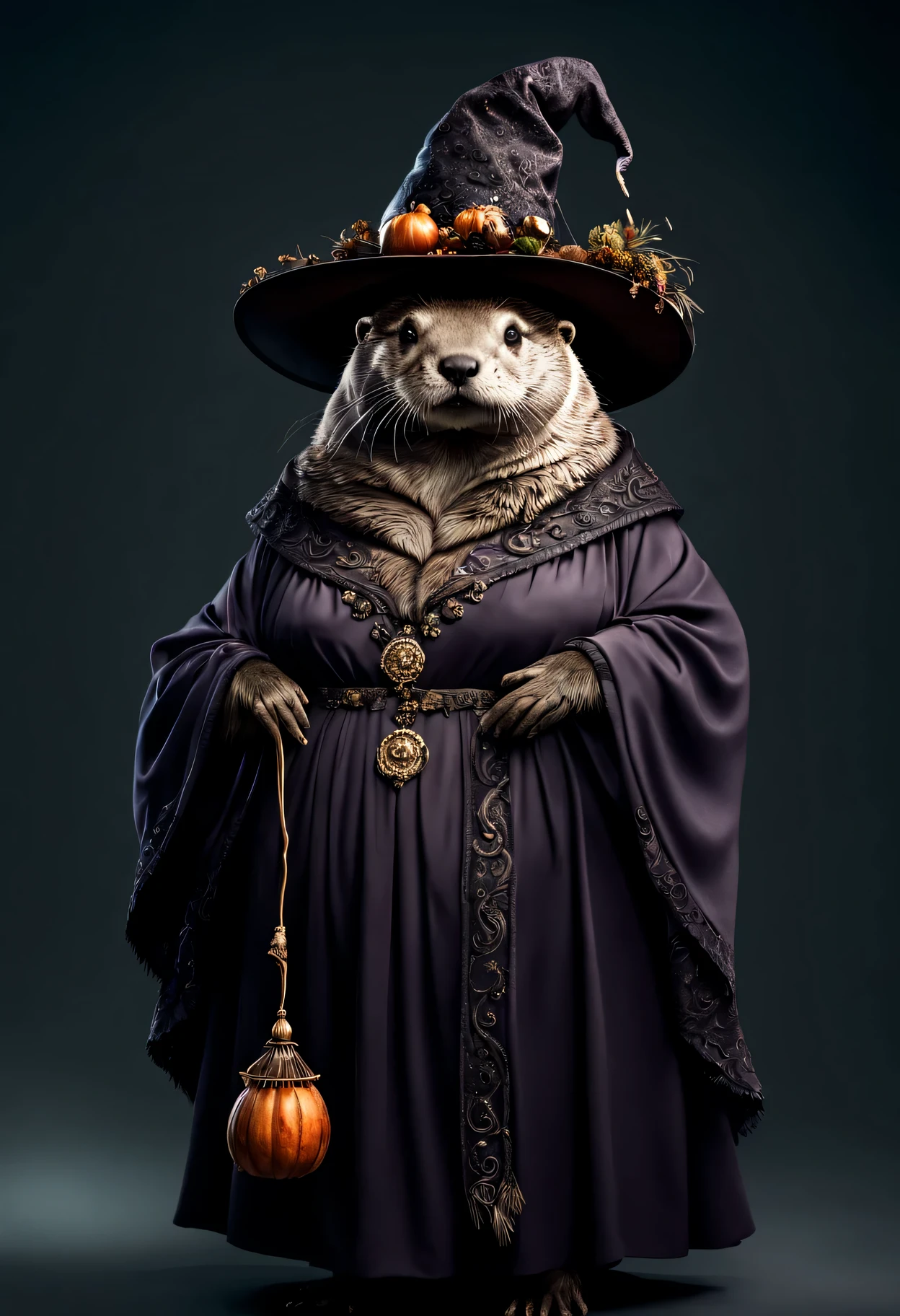 photorealistic portrait of Dressed animals - a ((fat)) otter witch,(elegant pose), high quality,(lovely) ,intricate details, highly detailed ((witch robe and hat)) ,,highly detailed decorations, , (creepy), studio lighting,(full body image:1.5)