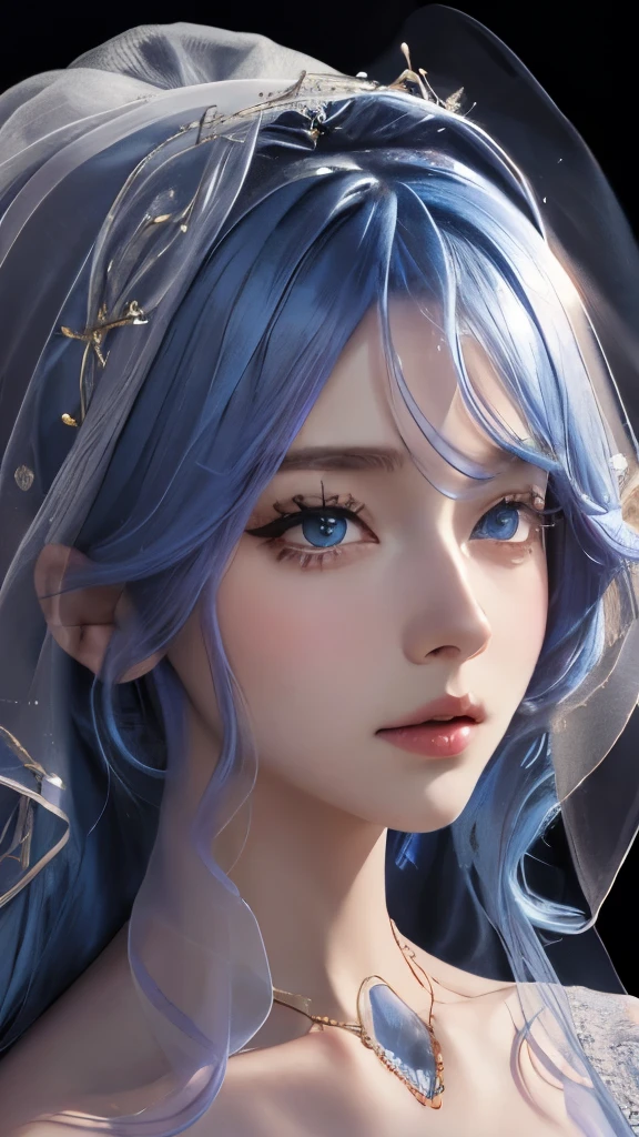 One wearing a purple veil and turban,woman wearing translucent tulle,Upper body, 8k high quality detailed art, kawaii realistic portrait, Soft portrait shots 8K, Detailed portrait of the girl, Stunning facial portraits,Detailed beautiful face, Beautiful girl portrait,sky blue hair,semi long hair,blue eyes