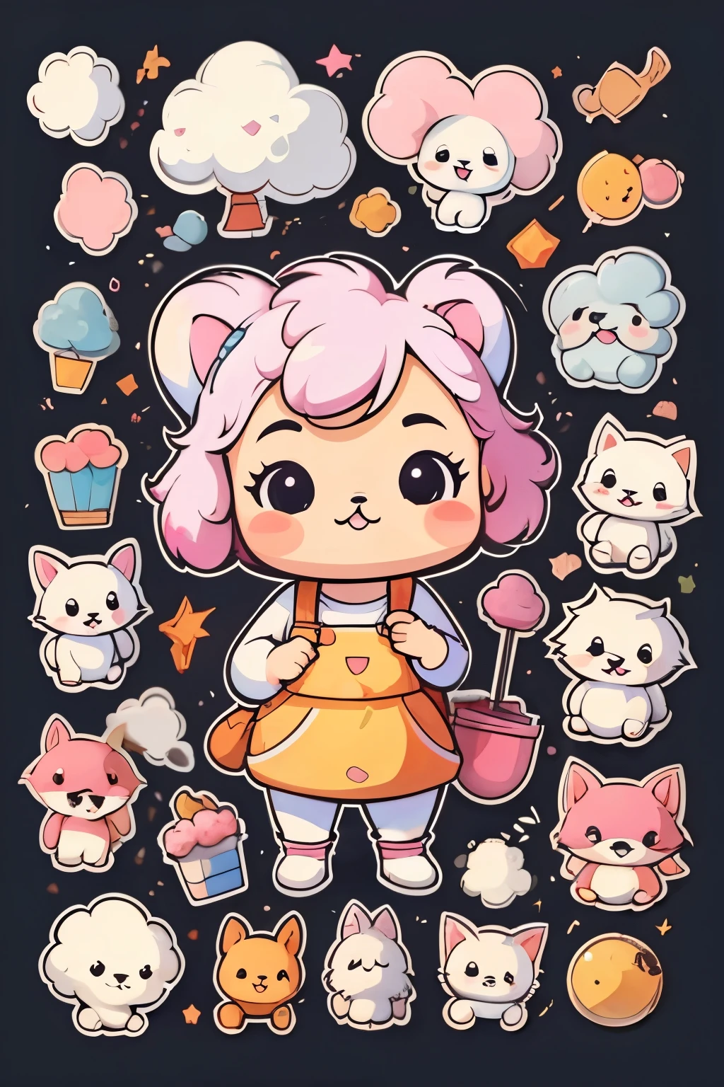a sticker，many character, little dog, Maltese, cotton candy, simple backgound，Cartoon Cute，funny style, chibi style, high detailed, highest quality, masterpiece, 