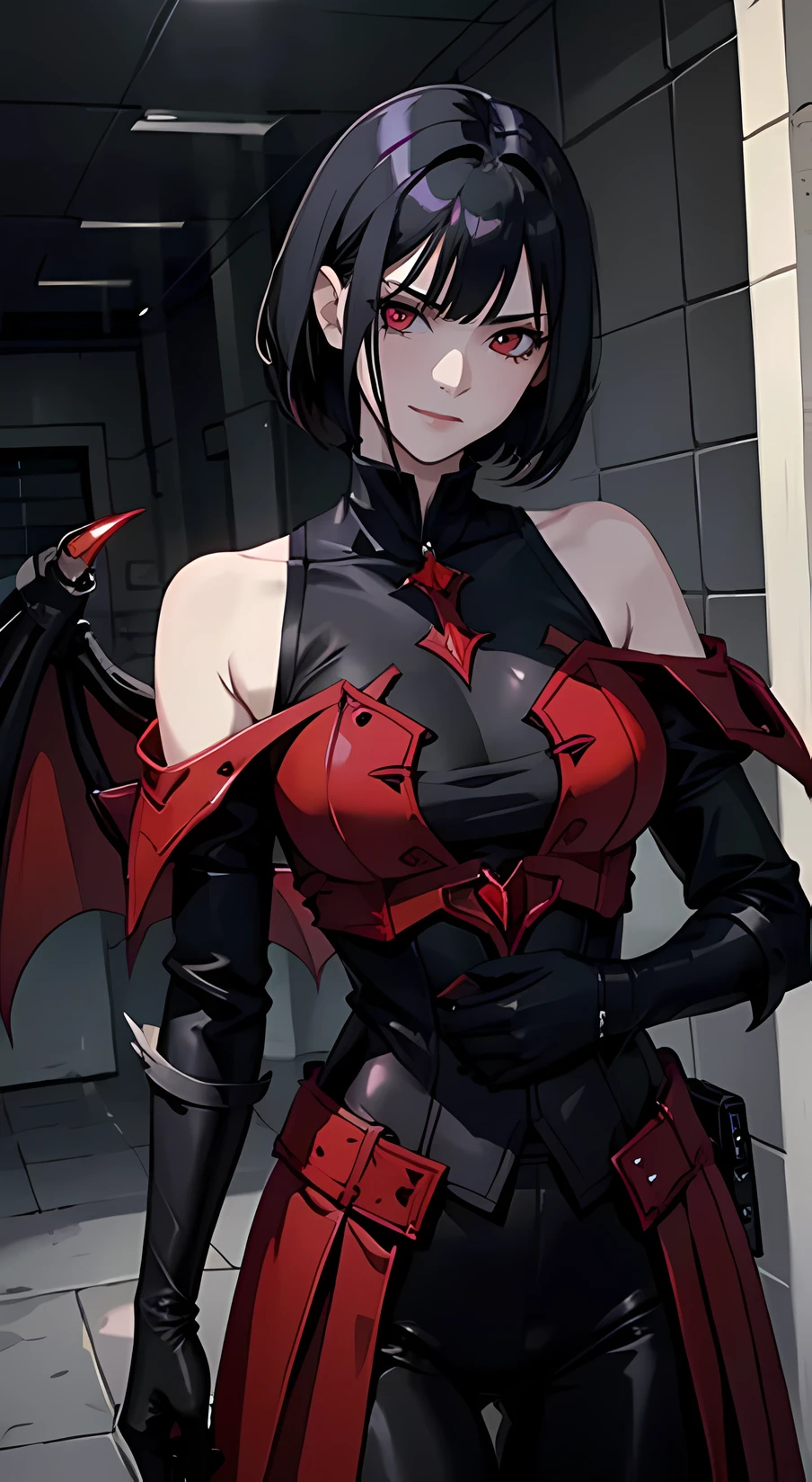 Short hair, Black hair, Crimson red eyes, big , pale skin, smirking, hot, beautiful, good looking, blood magic, red magical aura, vampire, vampiric wings