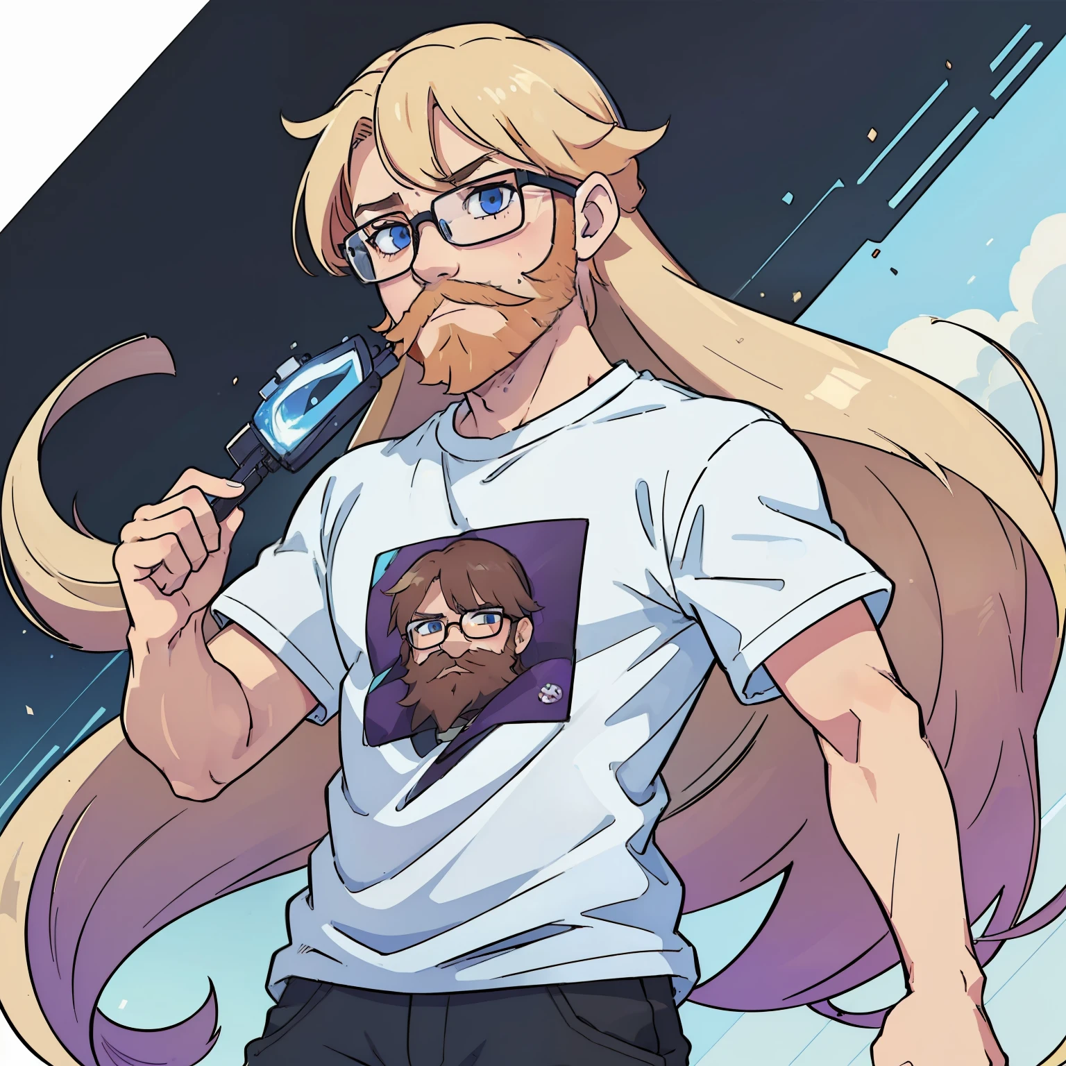 (((masterpiece))),(((best quality))), isolated character, one character, illustration, 1 boy, gamer, anime boy, square glasses, long hair, straight long hair, light blonde hair undercutted in the sides, light blue eyes, black casual t-shirt, ginger beard, full bearded man, purple highlights in hair, anime character, 8k, awesome quality