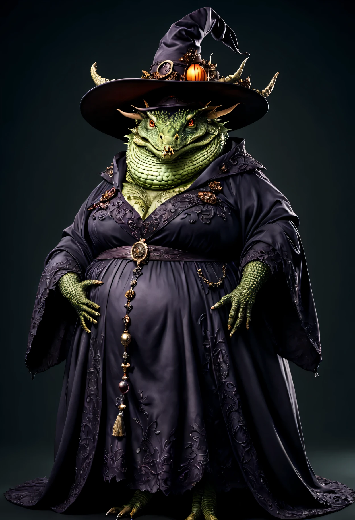 photorealistic portrait of Dressed animals - a ((fat)) dragon witch,(elegant pose), high quality,(lovely) ,intricate details, highly detailed ((witch robe and hat)) ,,highly detailed decorations, , (creepy), studio lighting,(full body image:1.5)