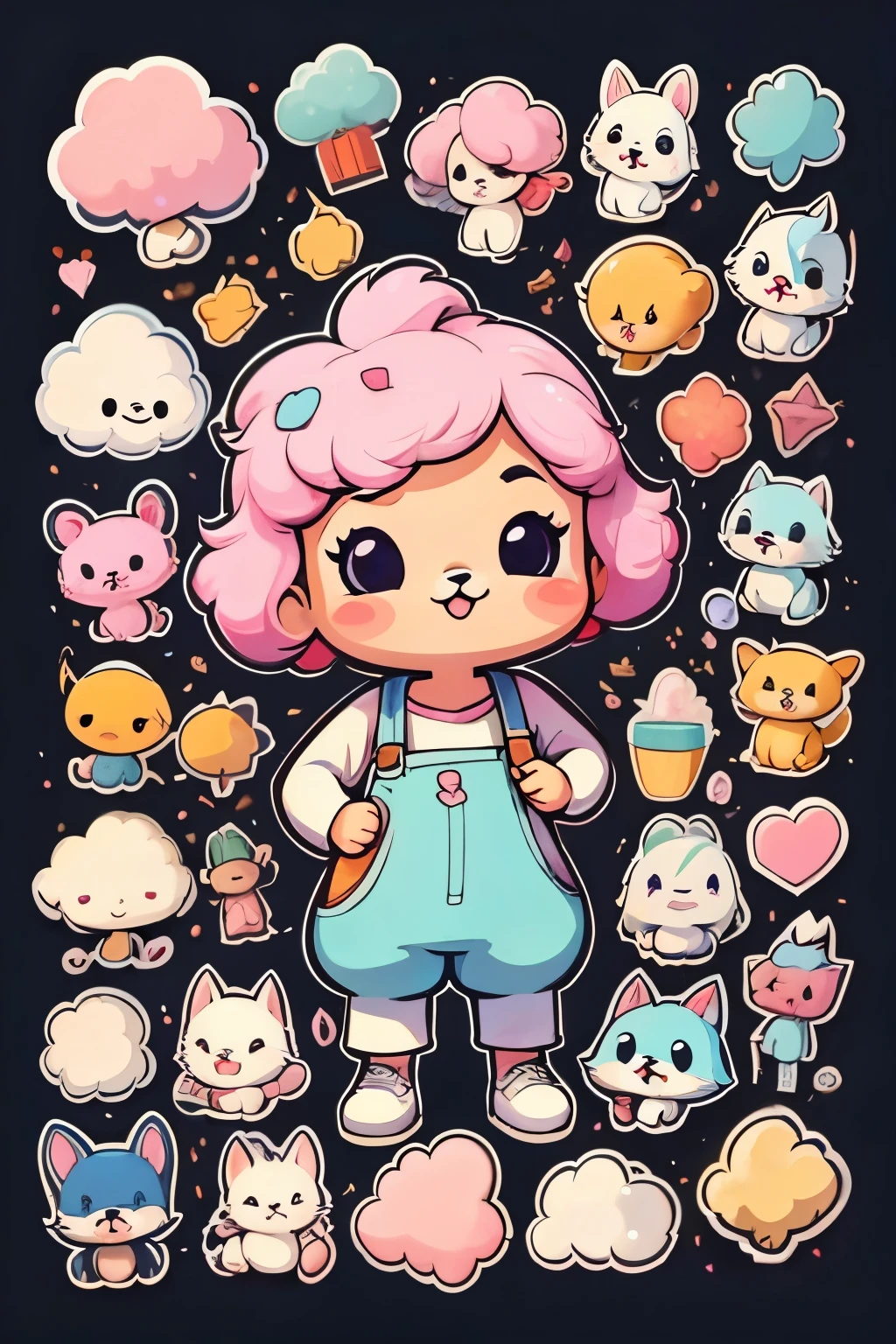 a sticker，many character, little dog, Maltese, cotton candy, simple backgound，Cartoon Cute，funny style, chibi style, high detailed, highest quality, masterpiece, 