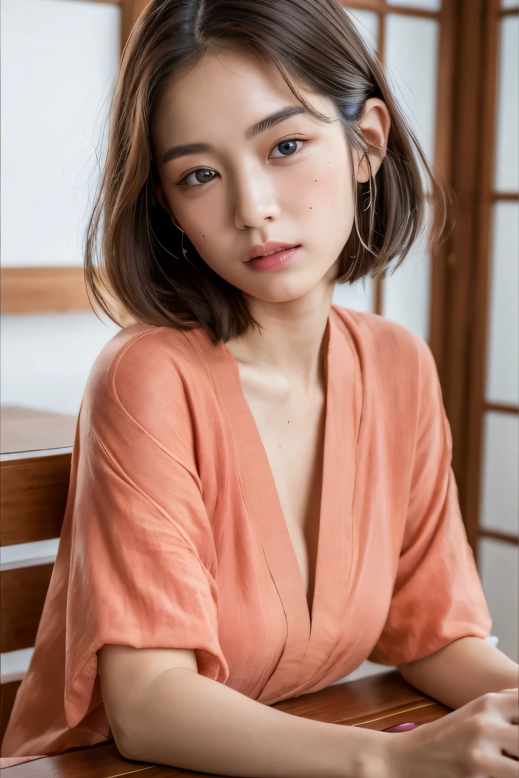 ((highest quality, 8K, table top: 1.3)), beauty, 1 Japanese women, big: 1.3, dark brown hair, (spread your legs: 1.2), detailed face, highly detailed lips, fine eyes, double eyelid, Open yukata, sweaty skin: 1.2