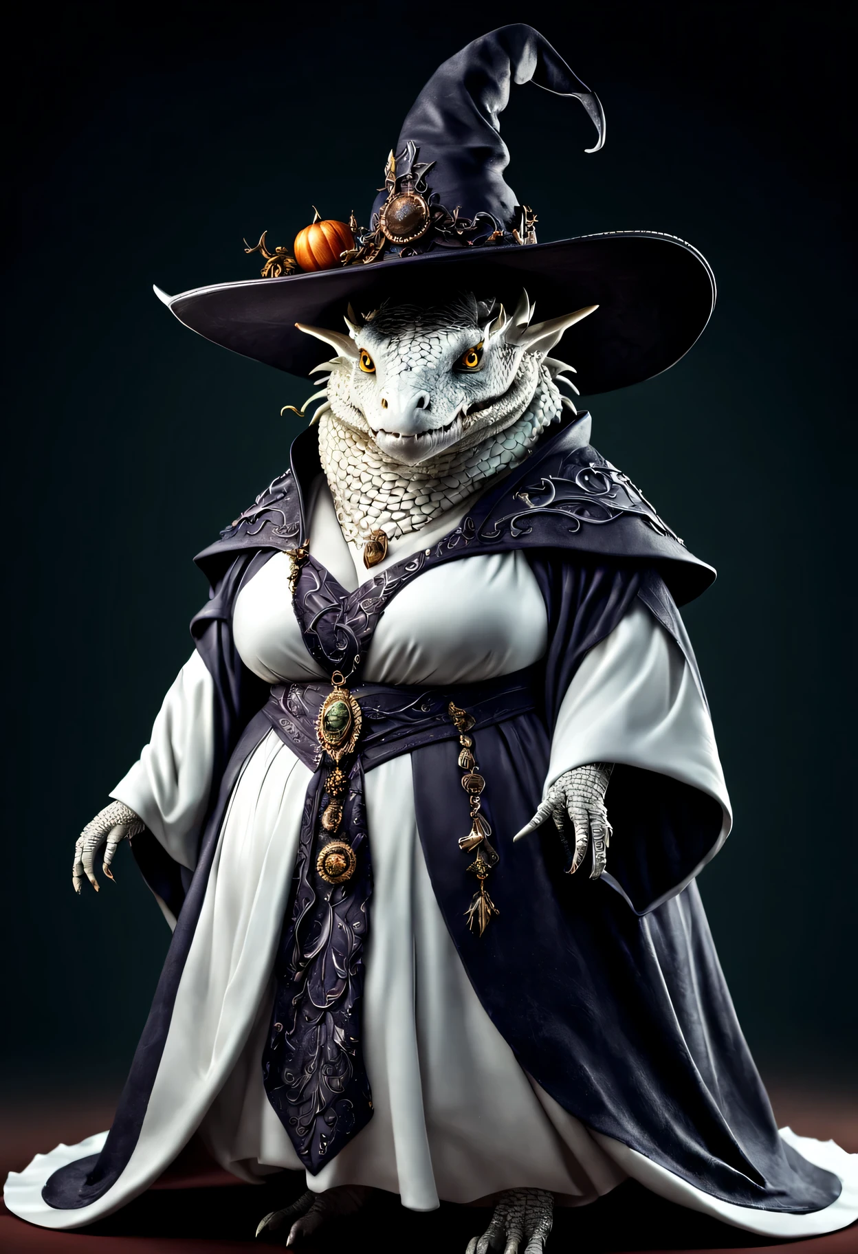 photorealistic portrait of Dressed animals - a ((fat)) white dragon witch,(elegant pose), high quality,(lovely) ,intricate details, highly detailed ((witch robe and hat)) ,,highly detailed decorations, , (creepy), studio lighting,(full body image:1.5)