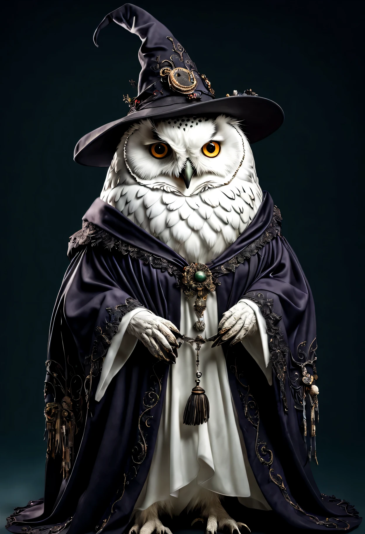 photorealistic portrait of Dressed animals - a ((fat)) white owl witch,(elegant pose), high quality,(lovely) ,intricate details, highly detailed ((witch robe and hat)) ,,highly detailed decorations, , (creepy), studio lighting,(full body image:1.5)