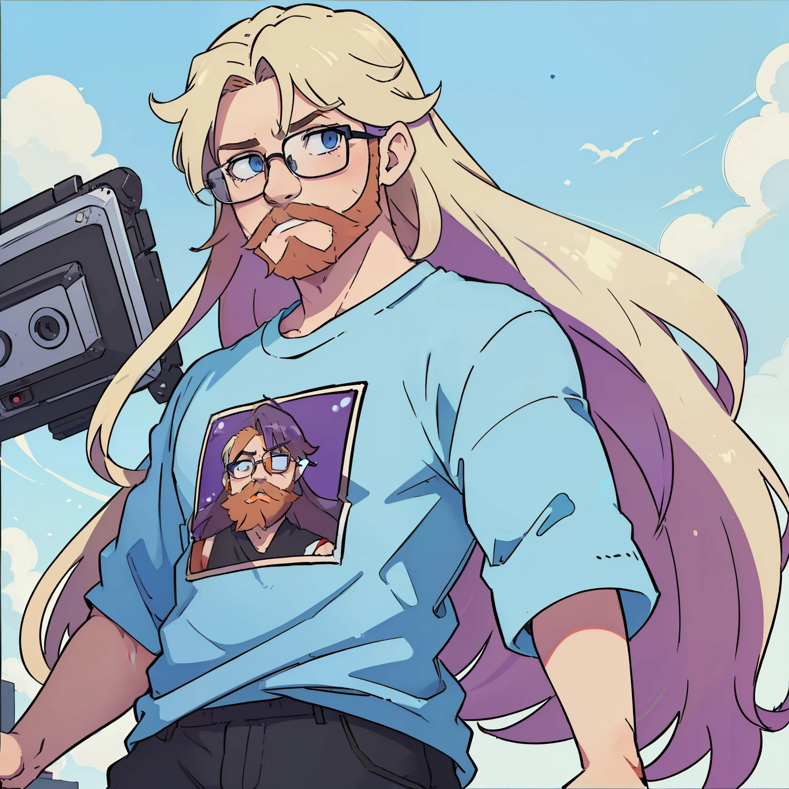 (((masterpiece))),(((best quality))), isolated character, one character, illustration, 1 boy, gamer, anime boy, square glasses, long hair, straight long hair, light blonde hair undercutted in the sides, light blue eyes, black casual t-shirt, ginger beard, full bearded man, purple highlights in hair, anime character, 8k, awesome quality