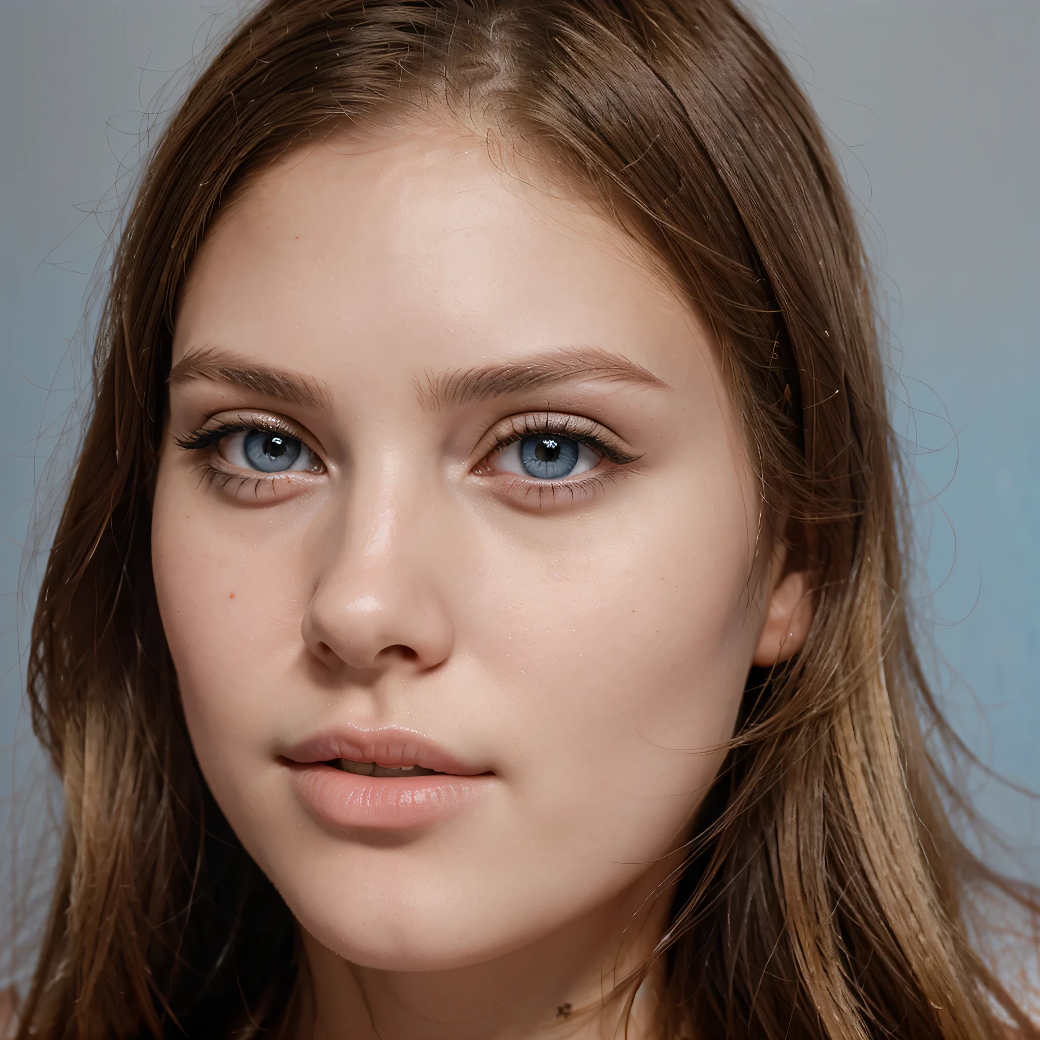 passport photo, Young woman, blonde, Perfectly beautiful face, narrow eye shape, Blue eyes, plump lips. 4 photos from different angles