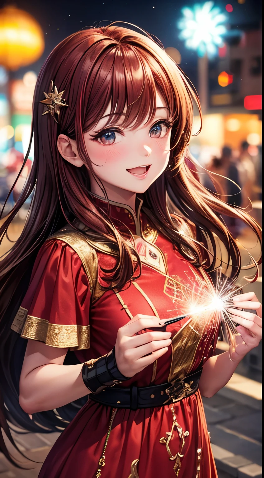 Full HD, Super details, high quality, Loved it, Bokeh, Miss, 30 years, king of stoke, red midi dress, cosmetic, night, fireworks lights, Smile, lens flare