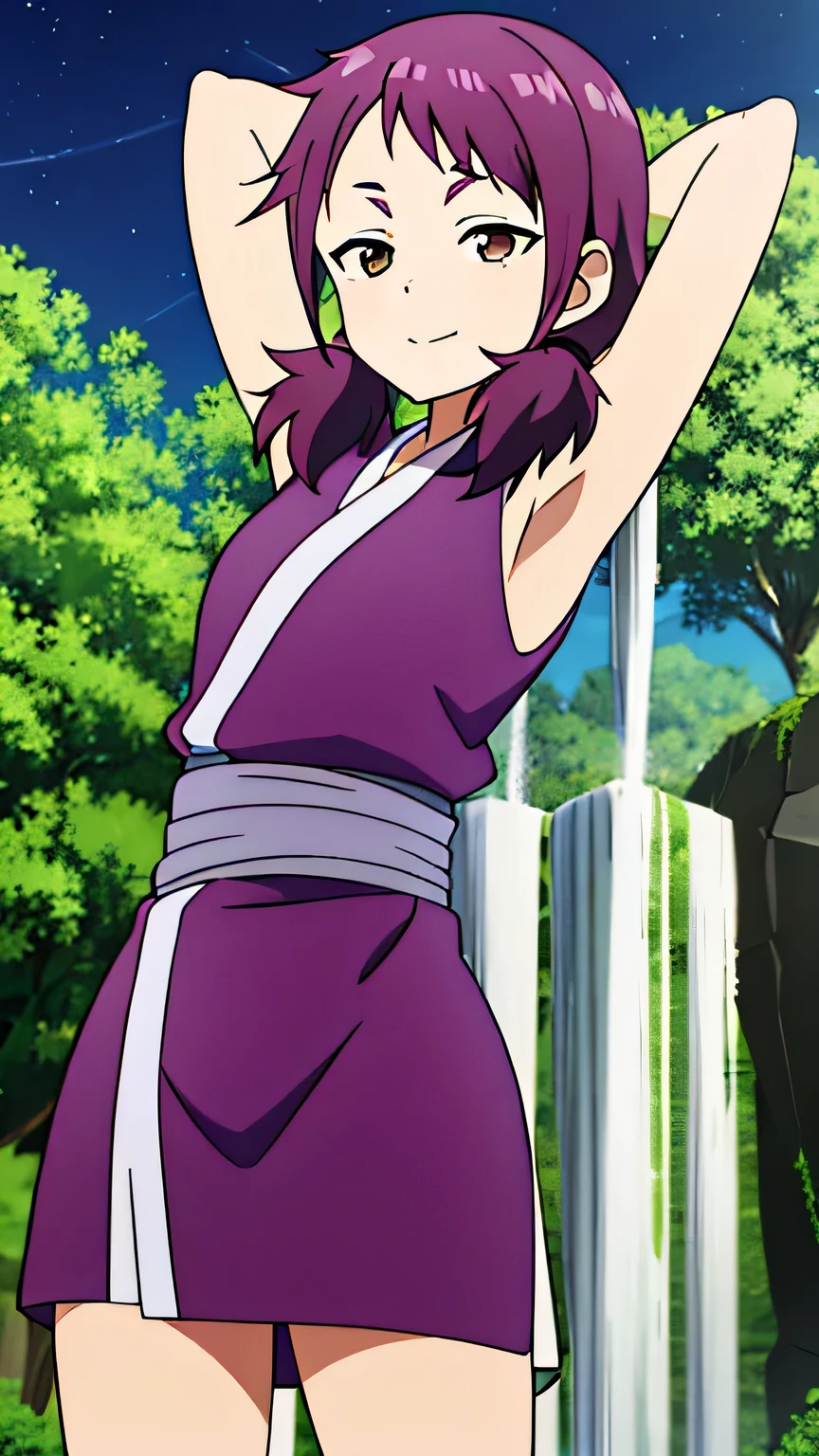 masterpiece, best quality, kunoichi_shakuyaku, brown eyes, purple hair, low twintails, purple kimono, anime, closed mouth, solo, cowboy shot, night sky, forest, arms behind head, contrapposto, shy smile, spread armpits, shy smile, facing foward,