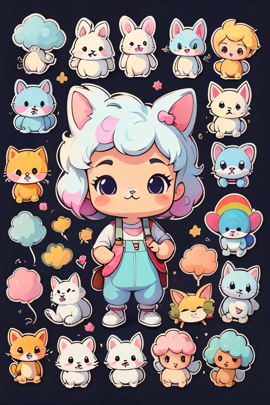 a sticker,many character, little dog, Maltese, cotton candy, simple backgound,Cartoon Cute,funny style, chibi style, high detailed, highest quality, masterpiece,