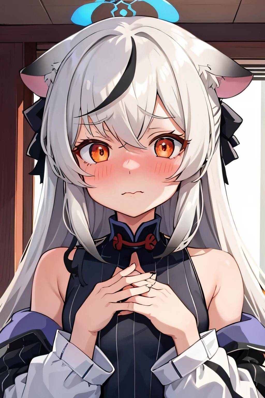 1girl, kokona, indoors, orange eyes, white hair, :3 mouth, embarrassed, beautiful eyes, beautiful lips, shiny lips, extremely detailed eyes and face, long eyelashes, close-up, warm lighting, vibrant colors, looking at the viewer, embarrassed look, blush, Winter suit, winter wonder