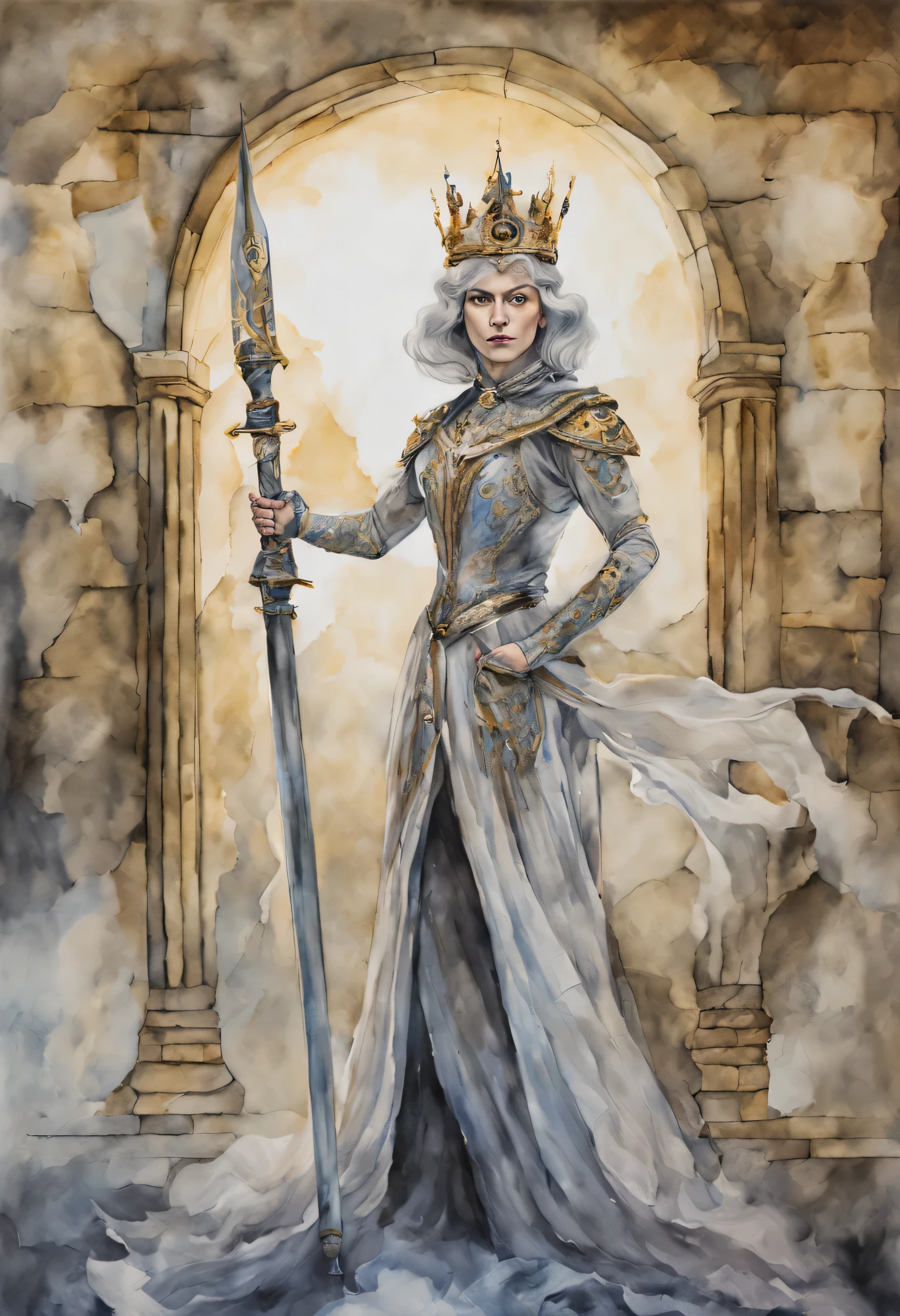 Full-length portrait of the "Queen" In a fighting position With a sword And a staff , Ghostly, The Queen's Spirit, surreal portal, castle background, professional ink drawing, Watercolor painting, mixed technique semi-realism, concept art 8K
