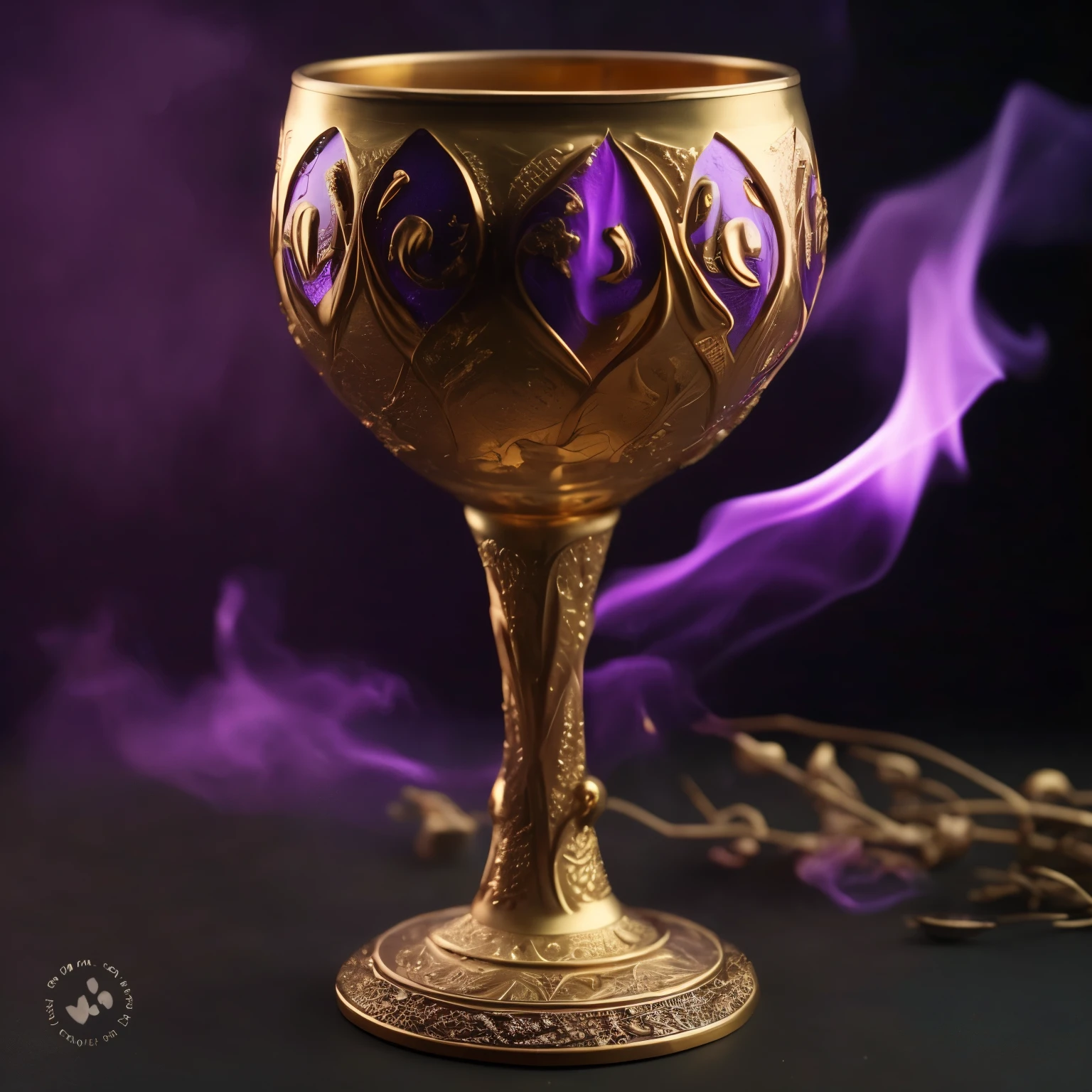 purple smoke is coming out of a golden cup with purple background, the sacred cup of understanding, upturned ornate chalice, overturned chalice, " golden chalice, surreal glass goblets, O Santo Graal, sacred flame spell, casting a spell on a potion, o verdadeiro Santo Graal, magical potions, dramatic product photography, A beautiful detailed orisha