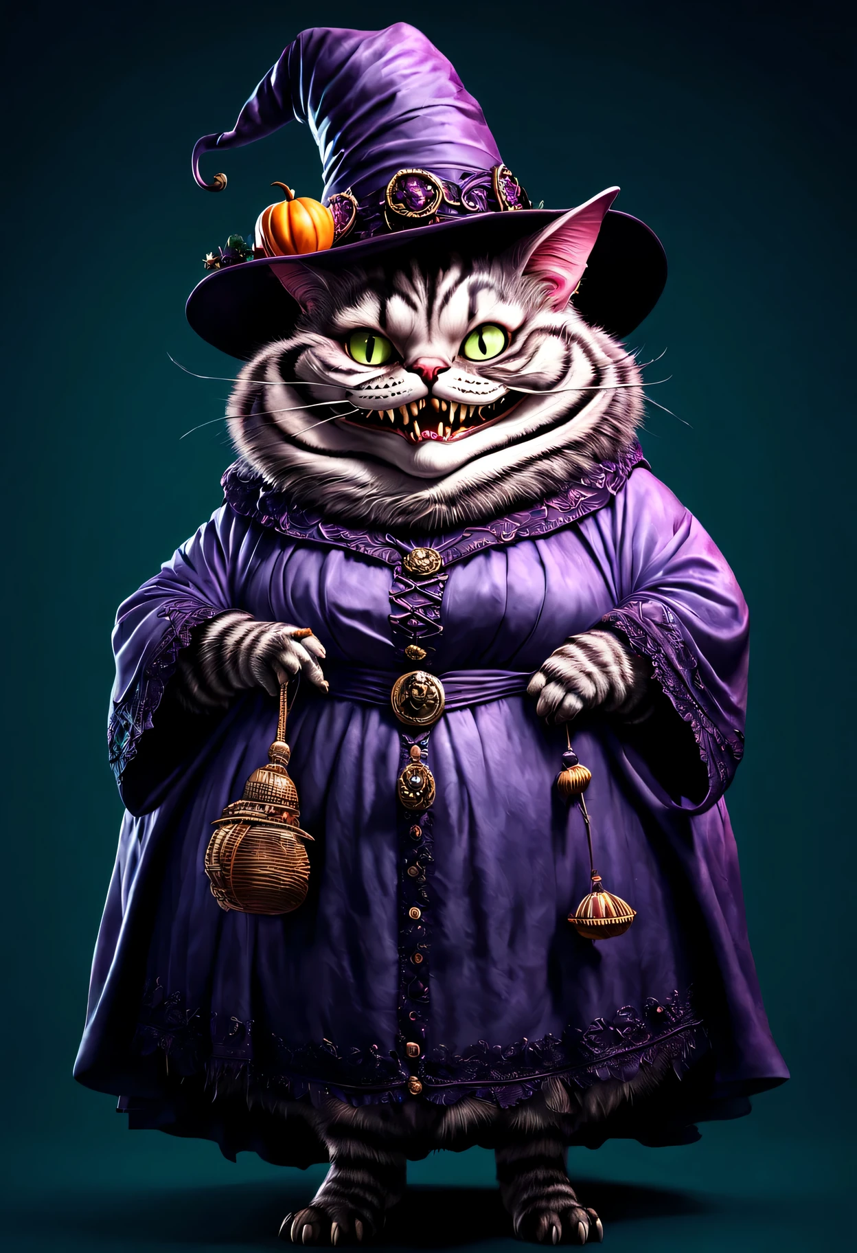 photorealistic portrait of Dressed animals - a ((fat)) cheshire cat witch,(elegant pose), high quality,(lovely) ,intricate details, highly detailed ((witch robe and hat)) ,,highly detailed decorations, , (creepy), studio lighting,(full body image:1.5)
