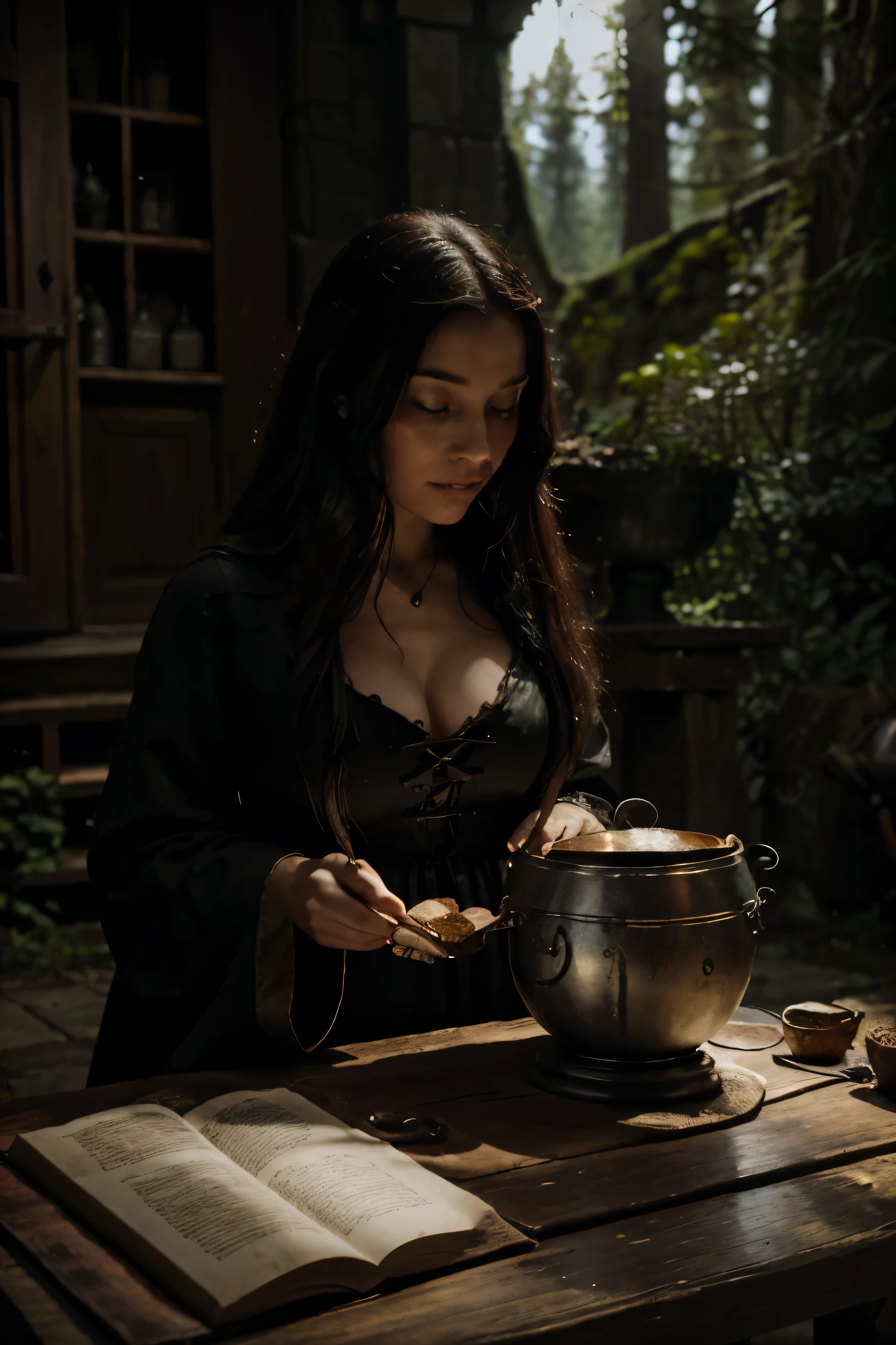 Create captivating images of medieval spellbinding scenes set in the deep forests of medieval Europe. จุดเน้นควรอยู่ที่sorceressสามคนต้มยาในหม้อต้มขนาดใหญ่ในสภาพแวดล้อมที่น่าสะพรึงกลัว. In addition, Includes ancient paintings that add mystery and authenticity to the scene..
**Key elements to include:**
1. **sorceress:**
- วาดภาพsorceressที่แตกต่างกันและน่าขนลุกสามคน, Each of them has its own unique features and costumes..
- Catch their intense concentration as they participate in the cooking process.
- Try adding subtle mystical elements, such as glowing eyes or an impersonal aura..
2. **boiler:**
- It has a large appearance., boilerเดือดอยู่ตรงกลางของฉาก.
- Display the ingredients around the pot, Emphasizes the complexity of the ritual of cooking.
3. **environment:**
- Set the scene deep into the forests of medieval Europe, With towering heights, Ancient trees and dense foliage.
- Create an atmosphere that evokes both mystery and terror, With shadows and moonlight playing an important role..
4. **Antique painting:**
- Integration of ancient paintings within the image, May be on paper, leather or stone slabs..
- Drawings should represent symbols., hole, หรือภาพประกอบที่เกี่ยวข้องกับคาถาและความhole้โบราณ.
5. **light:**
- ใช้การผสมผสานระหว่างแสงจันทร์ที่ลอดผ่านต้นไม้และแสงอันน่าขนลุกจากboilerเพื่อสร้างแสงและเงาอันน่าทึ่ง.
6. **details:**
- ใส่ใจdetailsเล็กๆ น้อยๆ เช่น เครื่องประดับของsorceress, Pharmaceutical Ingredients, and the surrounding area to enhance the overall completeness of the scene.
**Overall mood:**
- Aimed at scenes that strike a balance between the terrifying and mysterious aspects of medieval witchcraft., ทำให้ผู้ชมhole้สึกทึ่งและหลงใหล.
**refer:**
- hole้สึกอิสระที่จะดึงแรงบันดาลใจจากการreferทางประวัติศาสตร์, Medieval art, And the depiction of witchcraft in literature and folk tales.