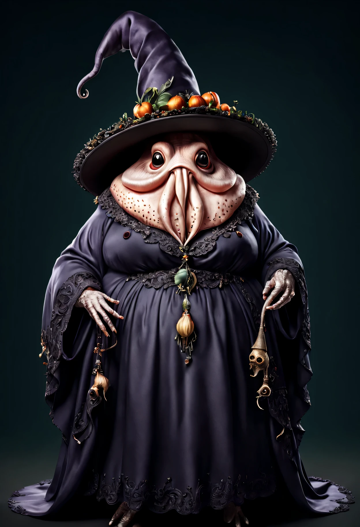 photorealistic portrait of Dressed animals - a ((fat)) squid witch,(elegant pose), high quality,(lovely) ,intricate details, highly detailed ((witch robe and hat)) ,,highly detailed decorations, , (creepy), studio lighting,(full body image:1.5)
