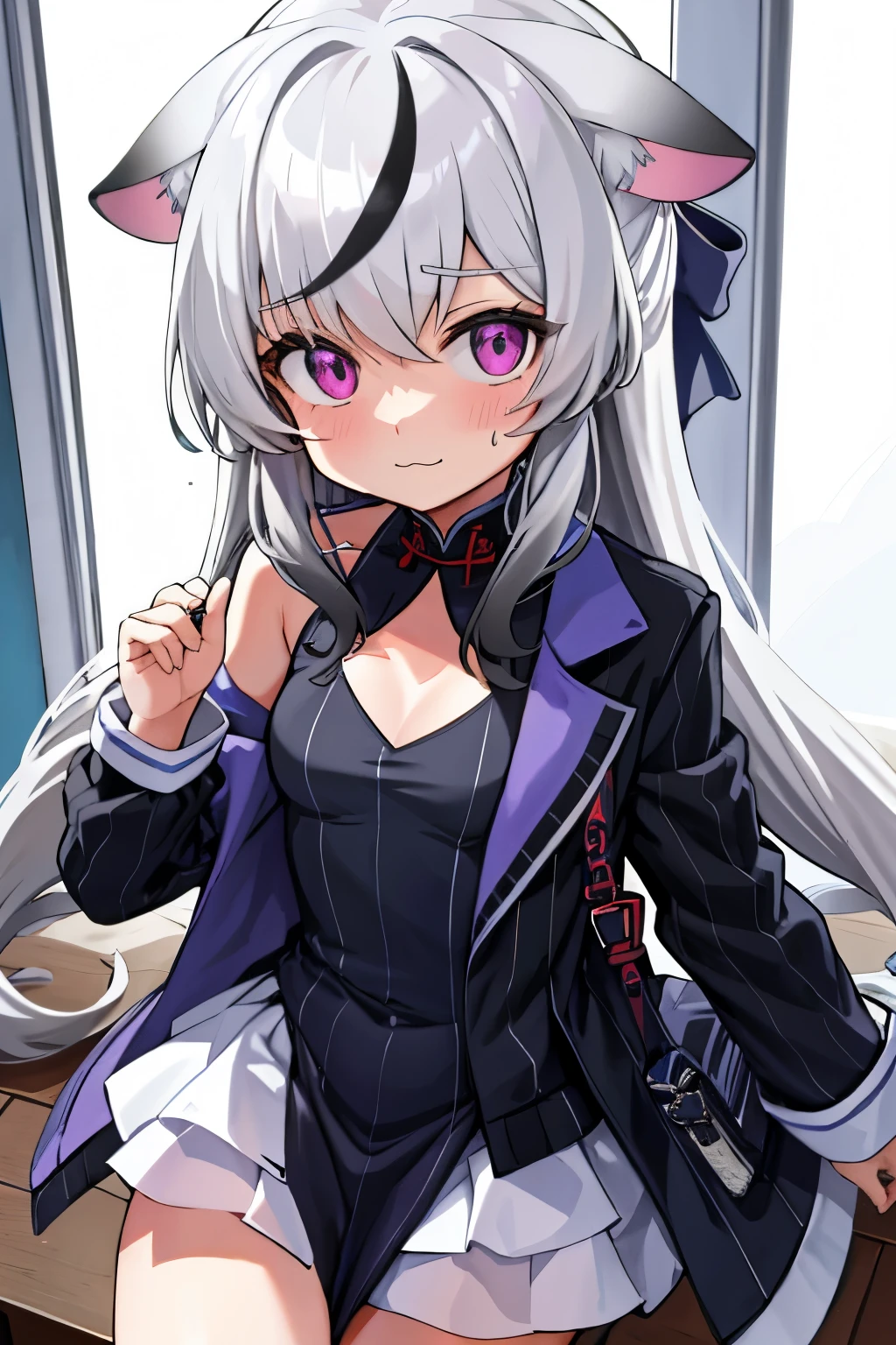 tmasterpiece, best qualtiy, ultra - detailed, 1girll,Gray hair Kokona, inside in room, Purple eye, :3,the face closeup cleavage, Winter suit, winter wonder