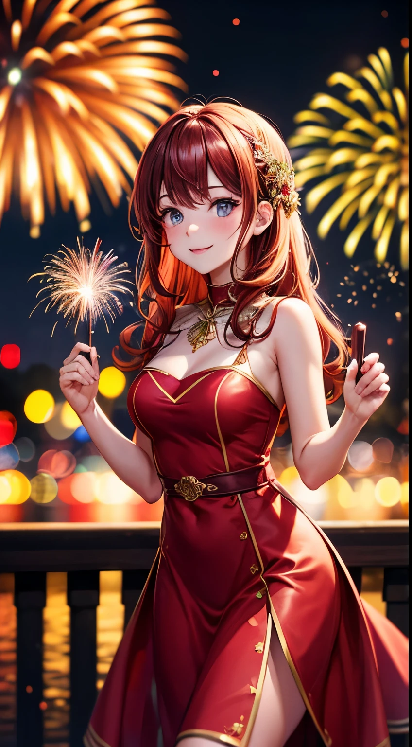 Cute woman, ((masterpiece: 1.4, best quality: 1.2)), smile, ultra-realistic, blue eyes, long hair, sitting on terrace, tail on table, see-through outfit, background is Monaco night view, fireworks , lighting like a movie, staring at me with passionate eyes