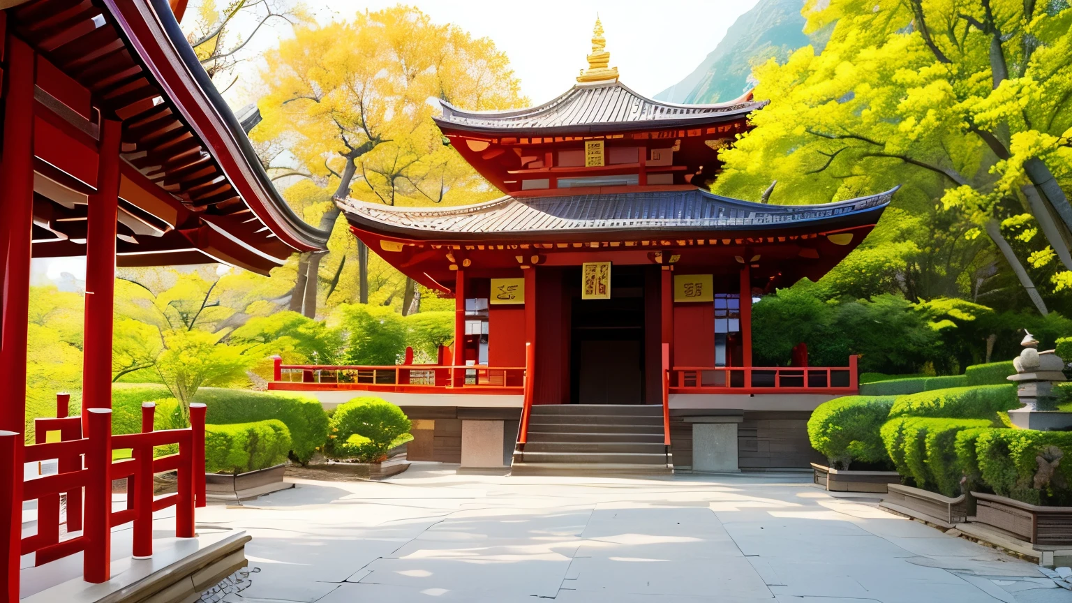 Beautiful temple scene, Image of beautiful Asian pagoda bamboo bushes in spring, spring, cherry blossoms, 16:9 ratio image,  main color is red, [[ temple goers ]], Old men and women go to temples and worship Buddha
