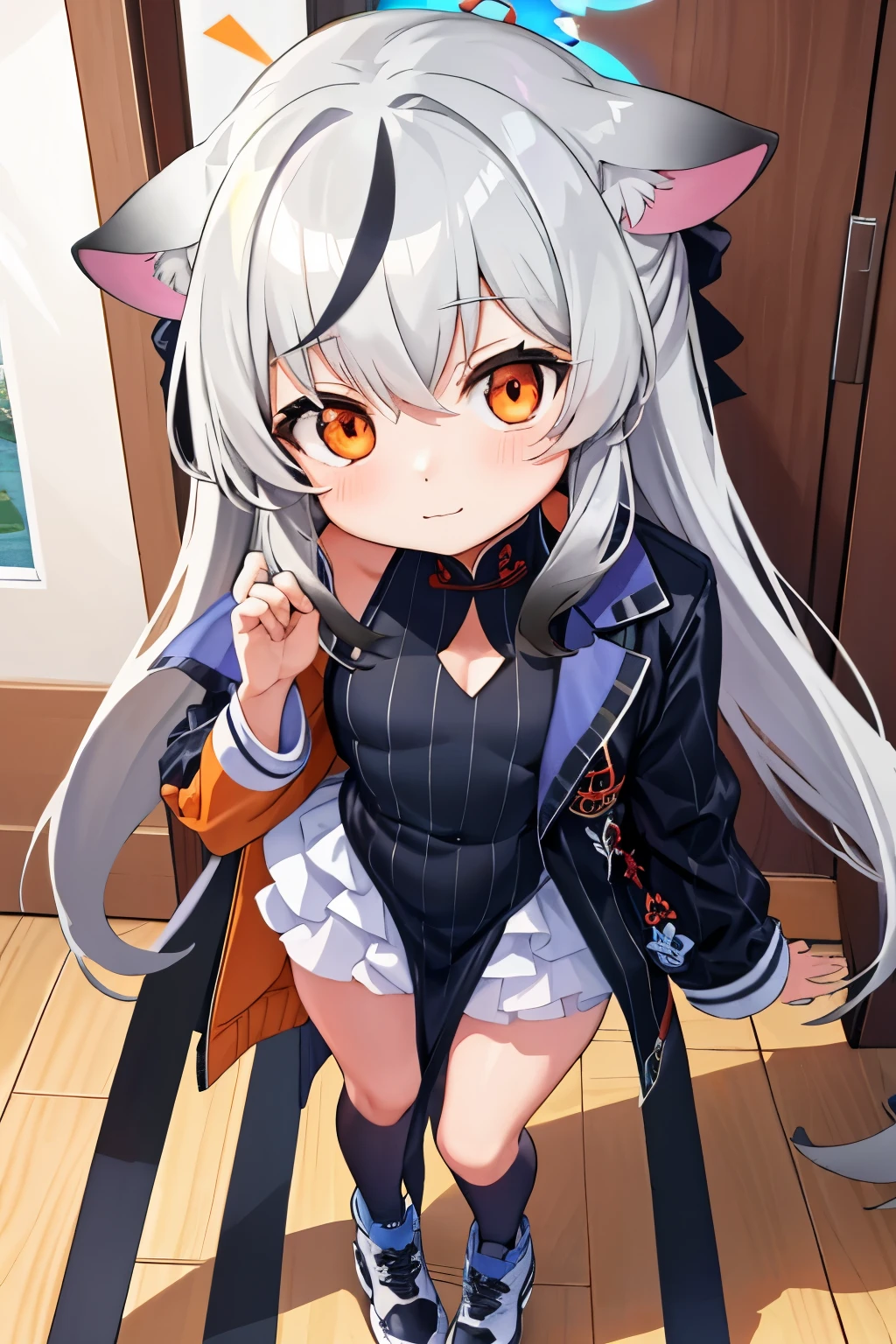 tmasterpiece， best qualtiy， ultra - detailed， 1girll，Gray hair Kokona， inside in room， Orange eye， ：3，the face,  closeup cleavage,  Winter suit, winter wonder