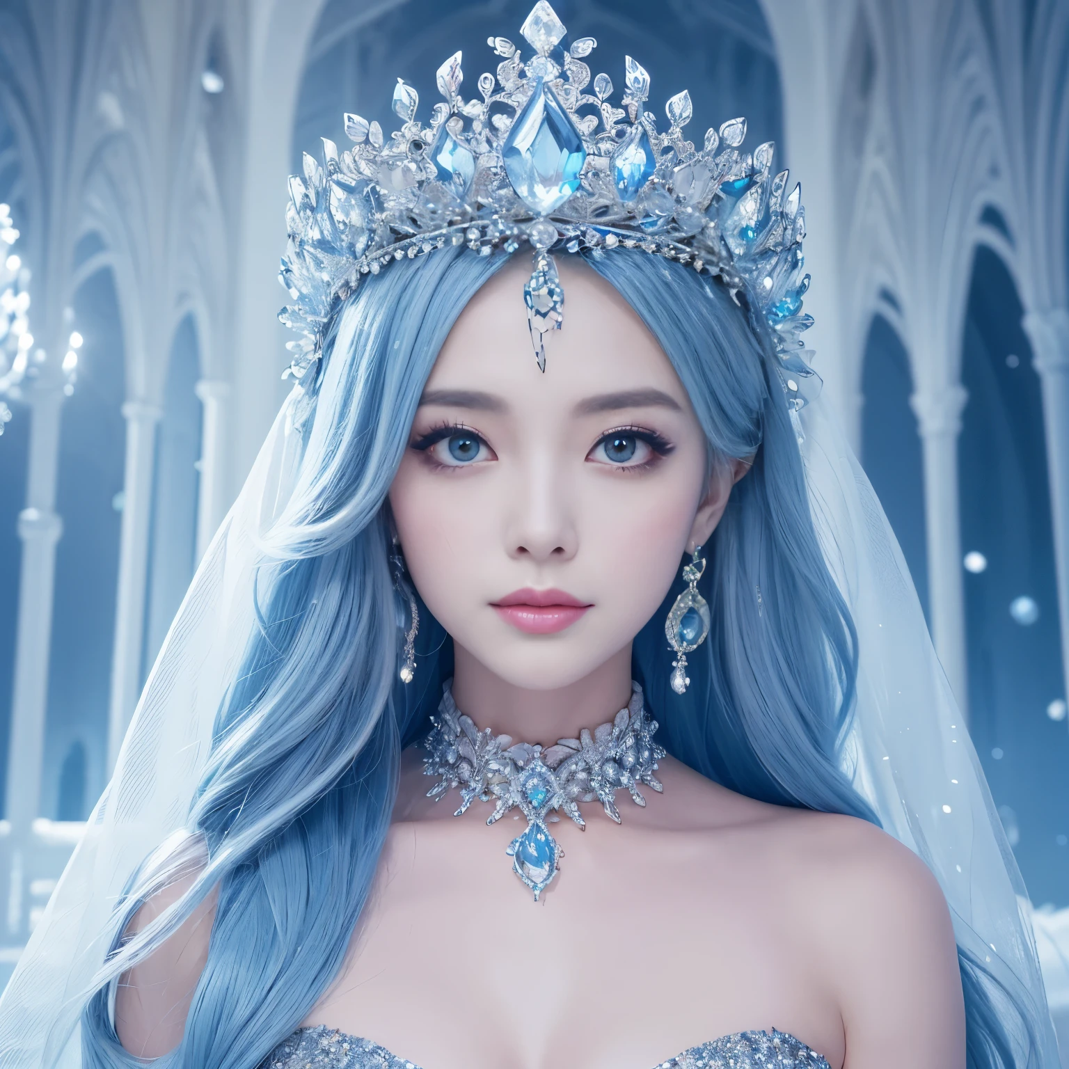 ((highest quality、table top、8K、best image quality、extremely complex and detailed depiction))、one snow princess、(Snow Maiden in the most luxurious palace made of ice:1.1)、(The most elaborate and luxurious sparkling ice palace cathedral:1.2)、(Inside the most fantastic giant palace made of ice:1.2)、(The most fantastic cathedral made of intricate glowing ice:1.2)、(beautiful transparent ice:1.1)、(The background is a detailed ice palace:1.1)、beautiful domed ceiling、(A palace made of intricately shining transparent ice:1.2)、(Symmetrical composition when viewed from the front:1.2)、jeweled palace、Inside the symmetrical palace、(very romantic:1.05)、sacred and mysterious palace、(Filled with fantastic light blue light:1.1)、Beautiful shining ice、The most luxurious and highest quality giant tiara、The most luxurious and highest quality giant necklace、[big breasts]、(skin as white as snow:1.05)、glowing skin、(A glittering silver-white jeweled dress of the highest quality:1.1)、Elegant and beautiful pure white snow dress、elegant decoration、Diamond Decoration、artistic decoration、Luxury beyond imagination、The most gorgeous decorations in the world、pure white makeup、Dresses that shine in silver、jewelry embellishments、Luxury beyond imagination、The most gorgeous decorations in the world、Diamond dust、The most realistic and complex backgrounds、Highly detailed and realistic background、the best smile when you look at me、(beautiful snow is falling:1.05)、(Princess upper body photo:1.25)、(blurred background:1.1)、(mysterious fairy tale fog:1.15)、beautiful silver light blue hair、amazing movie lighting effects、Natural forehead、Complex and detailed background、the most delicate shine、Backgrounds with depth、low contrast、(Surrounded by a fantastic soft light:1.1)