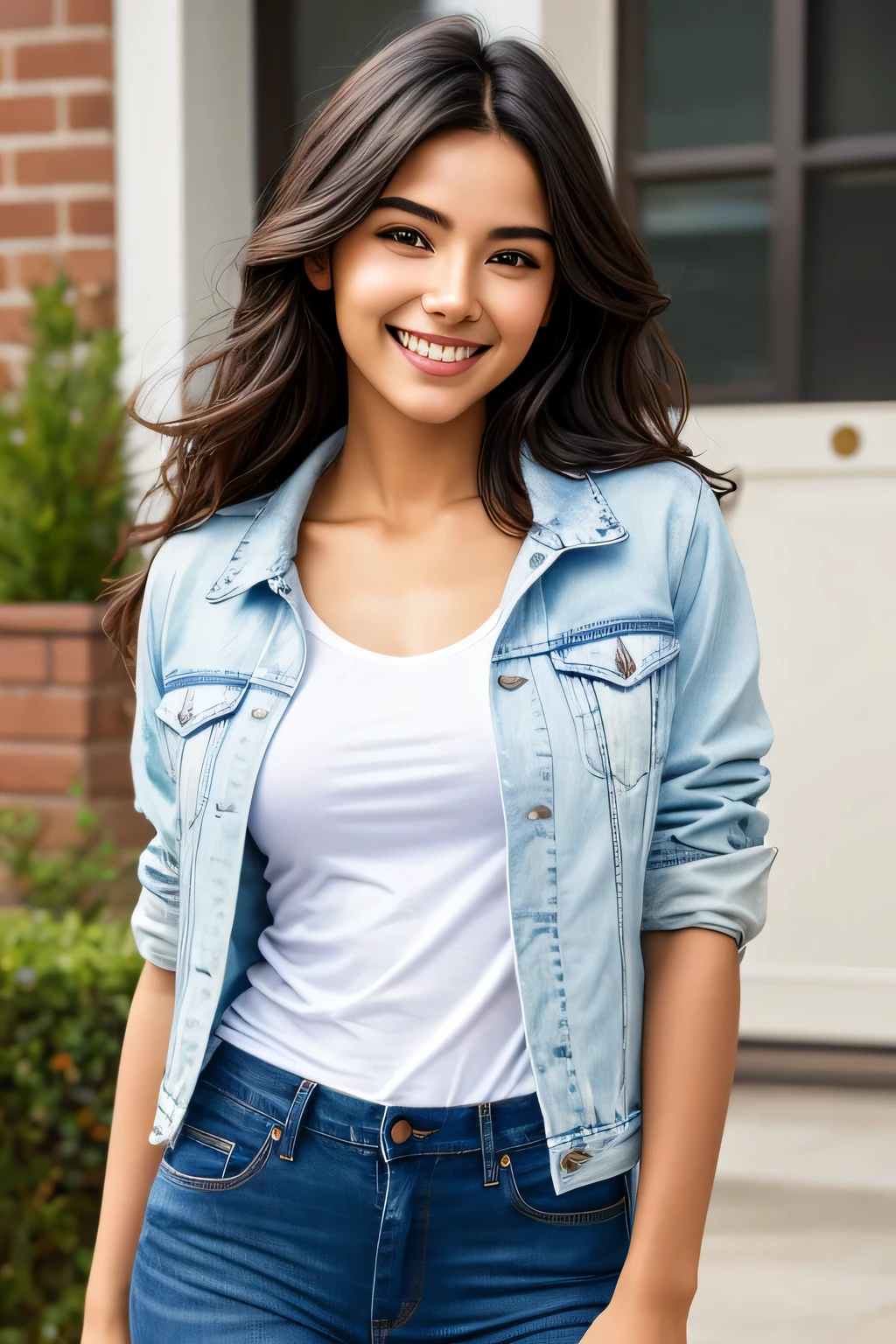 JG-JC0N Photo, Effortlessly beautiful girl next door wearing a plain T-shirt and jacket, (Happy excited smile), jeans, Photoreal, hyper realism, highest quality, (natural skin texture, highly detailed face), masterpiece, sharp focus, confused, Ernie Flaeturg